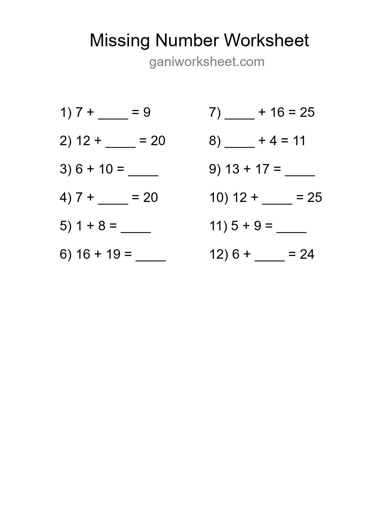 Missing Number Math Worksheet