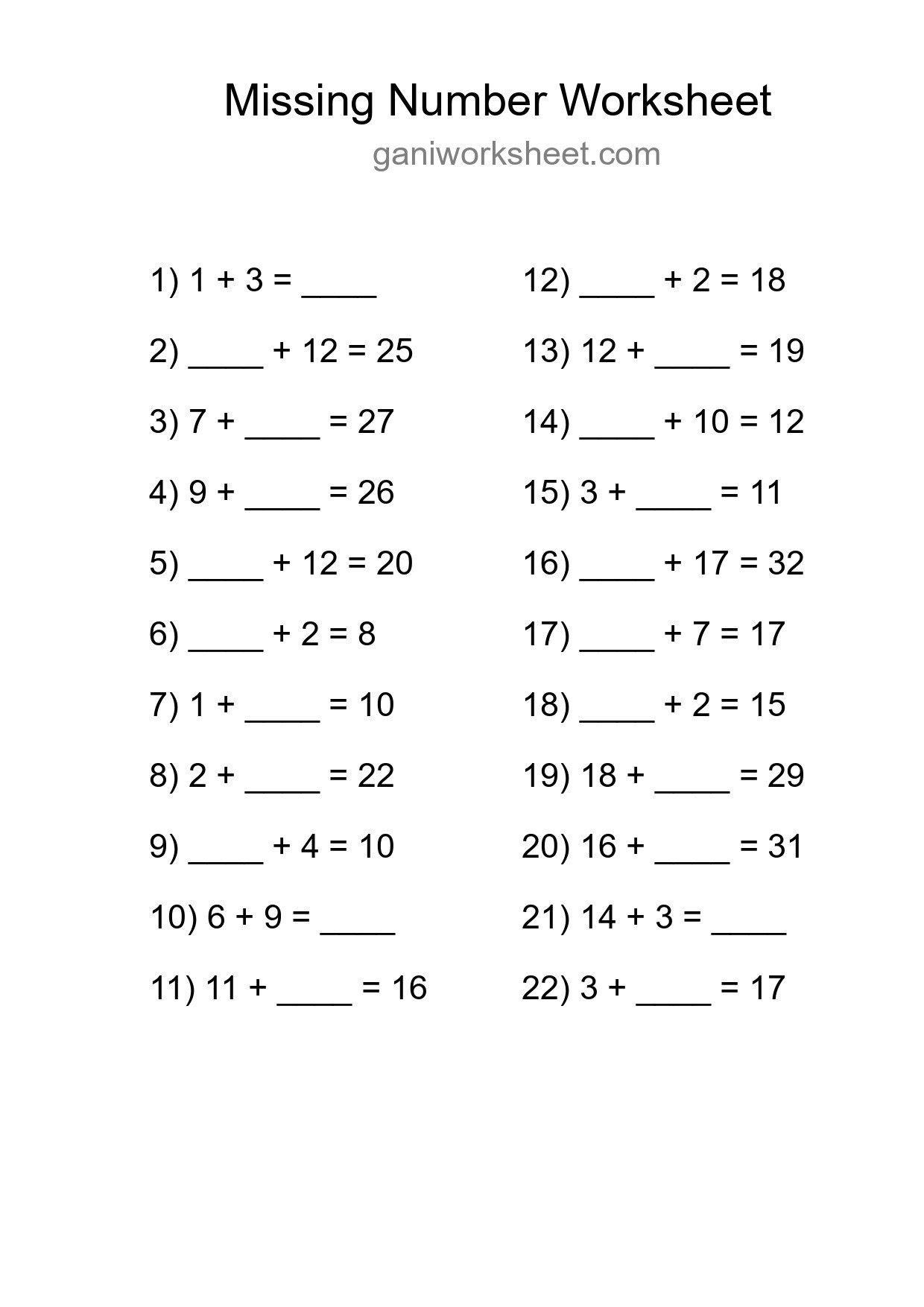 Missing Number Math Worksheet
