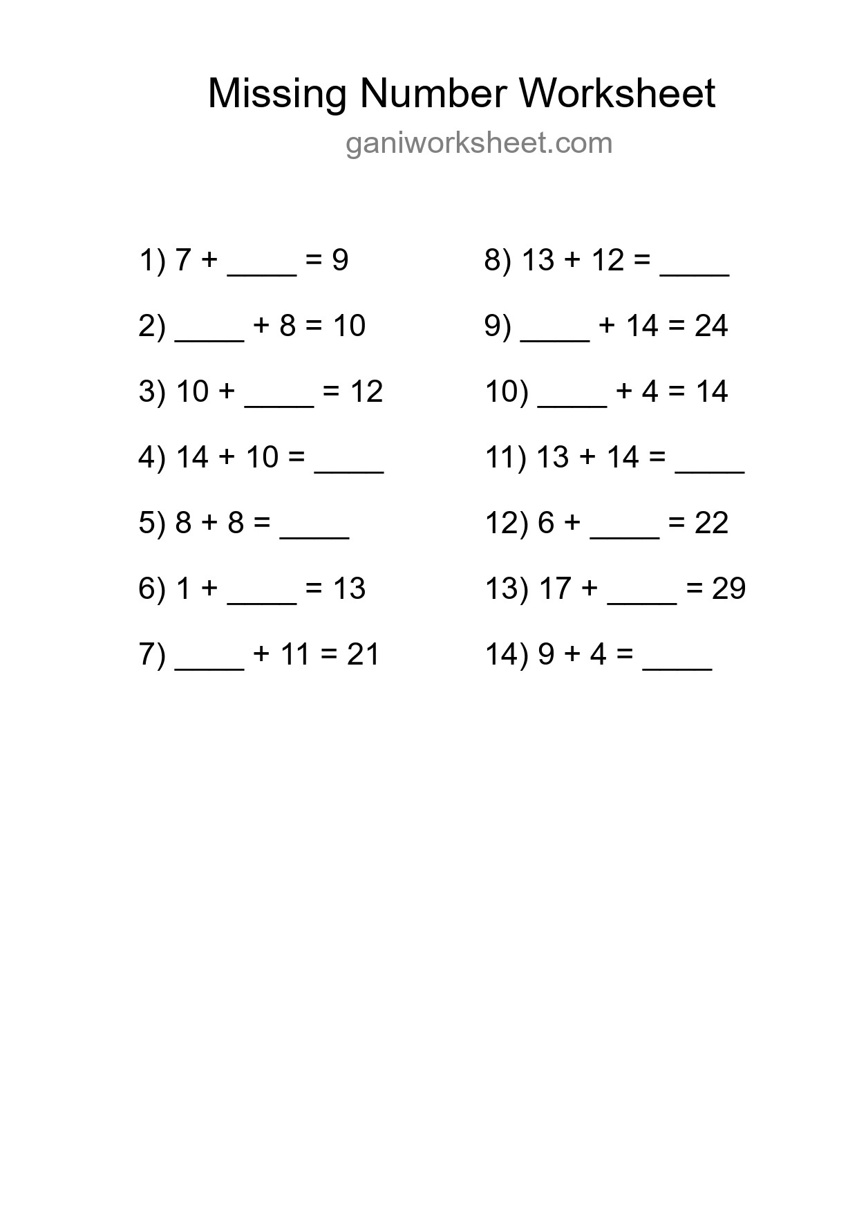Missing Number Math Worksheet