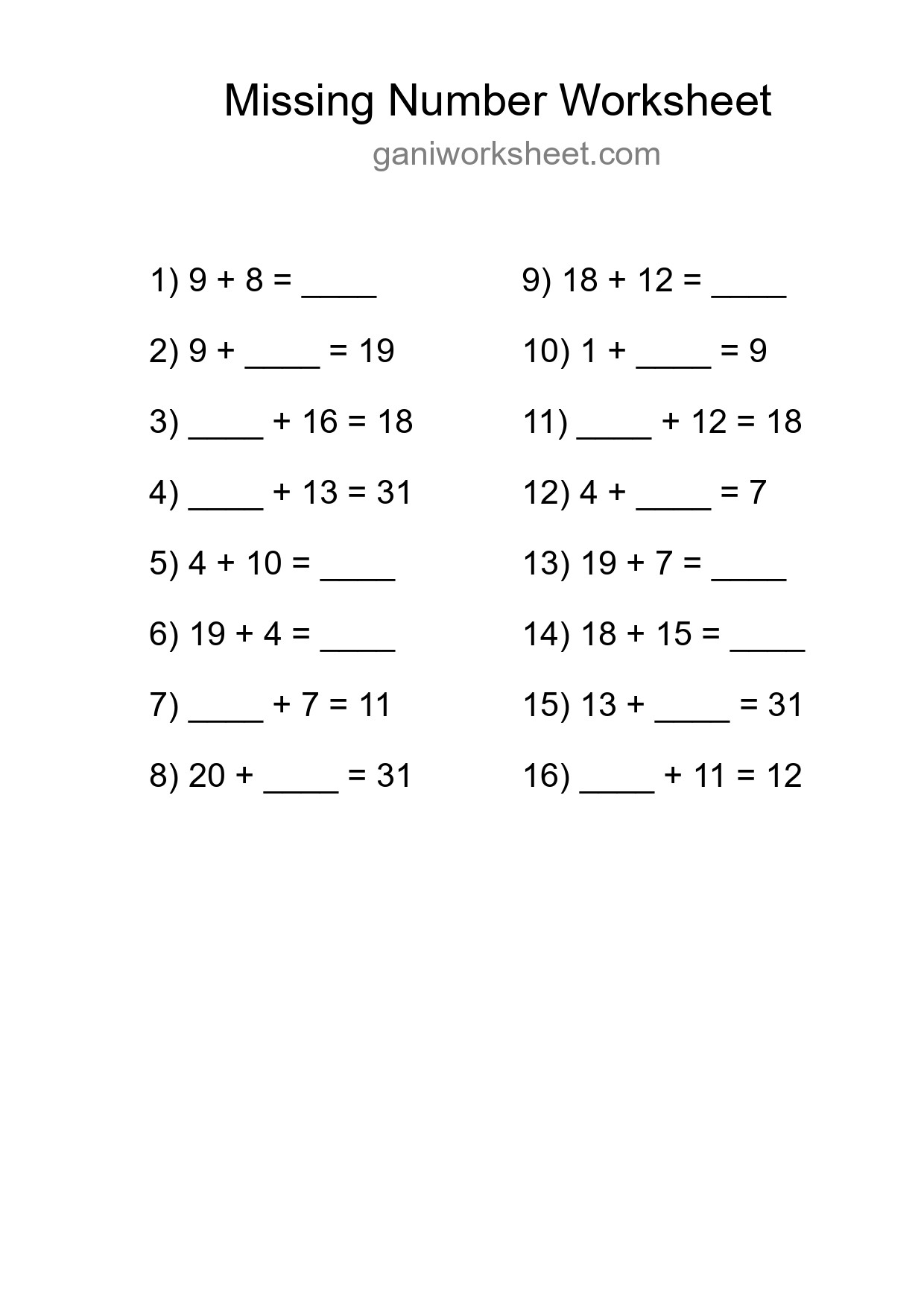 Missing Number Math Worksheet