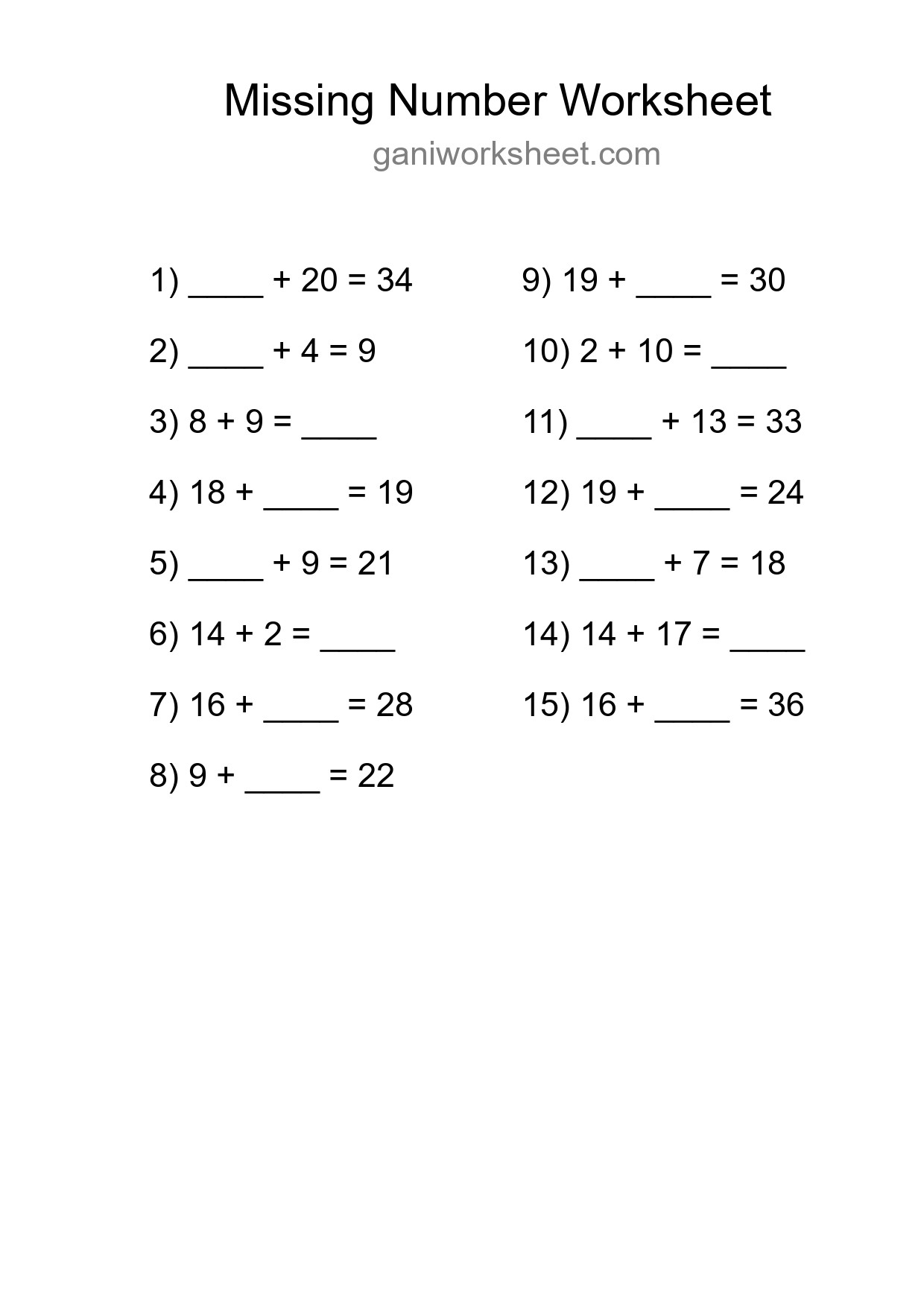 Missing Number Math Worksheet