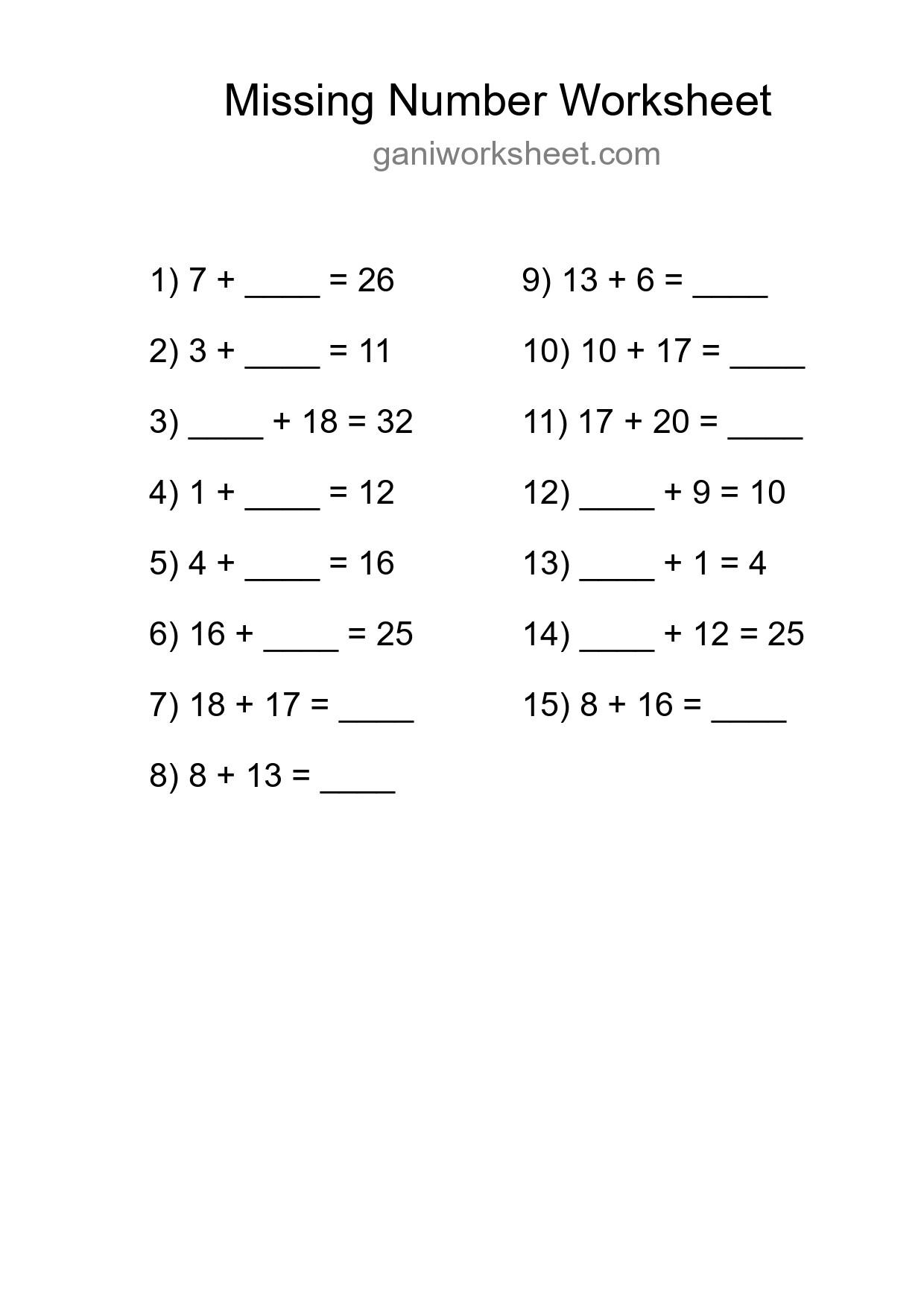 Missing Number Math Worksheet