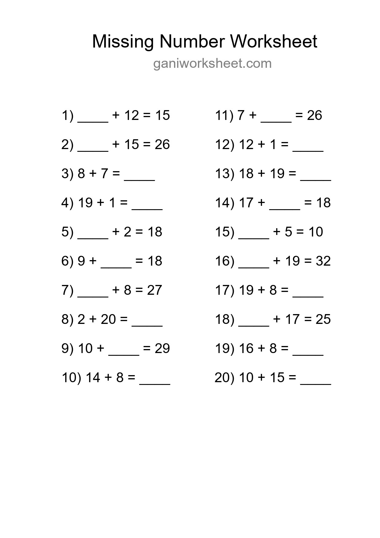Missing Number Math Worksheet