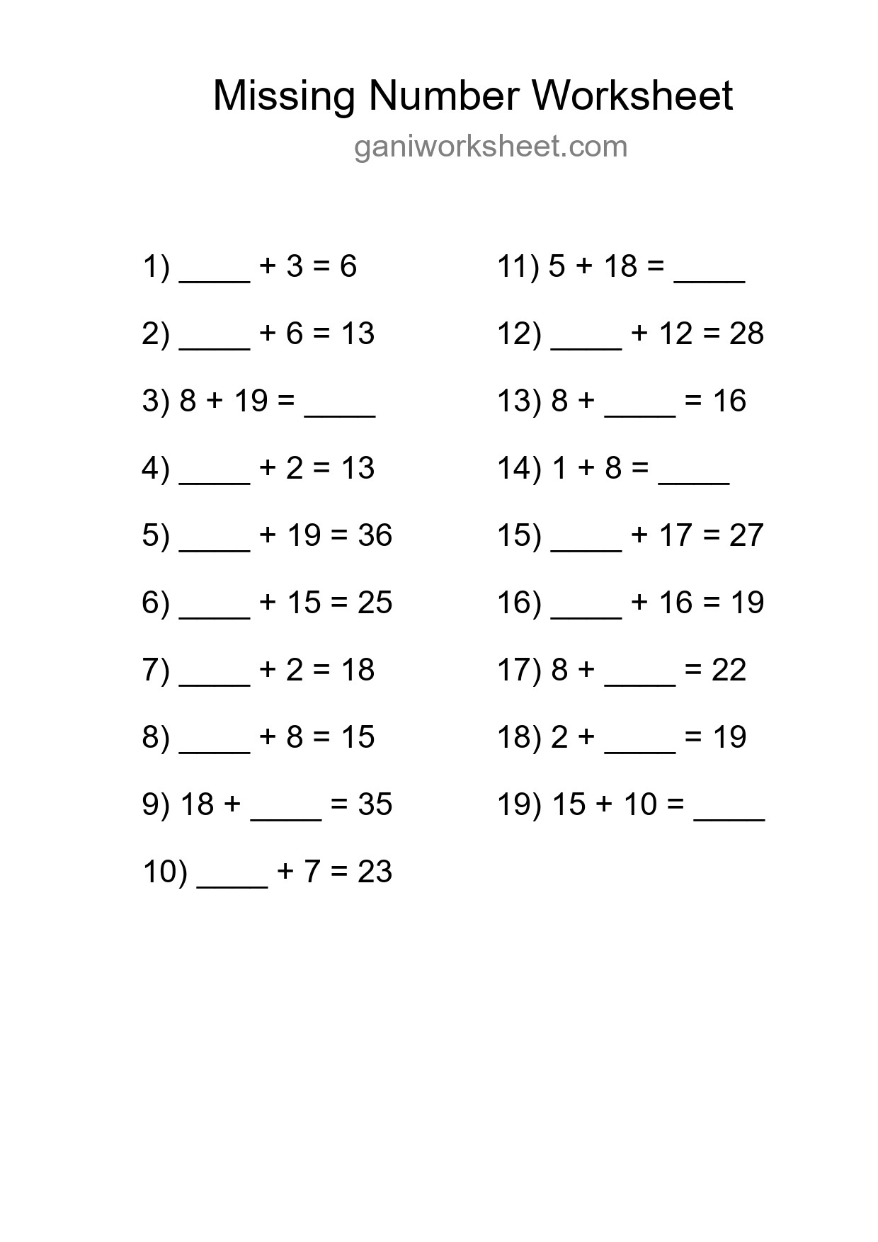 Missing Number Math Worksheet