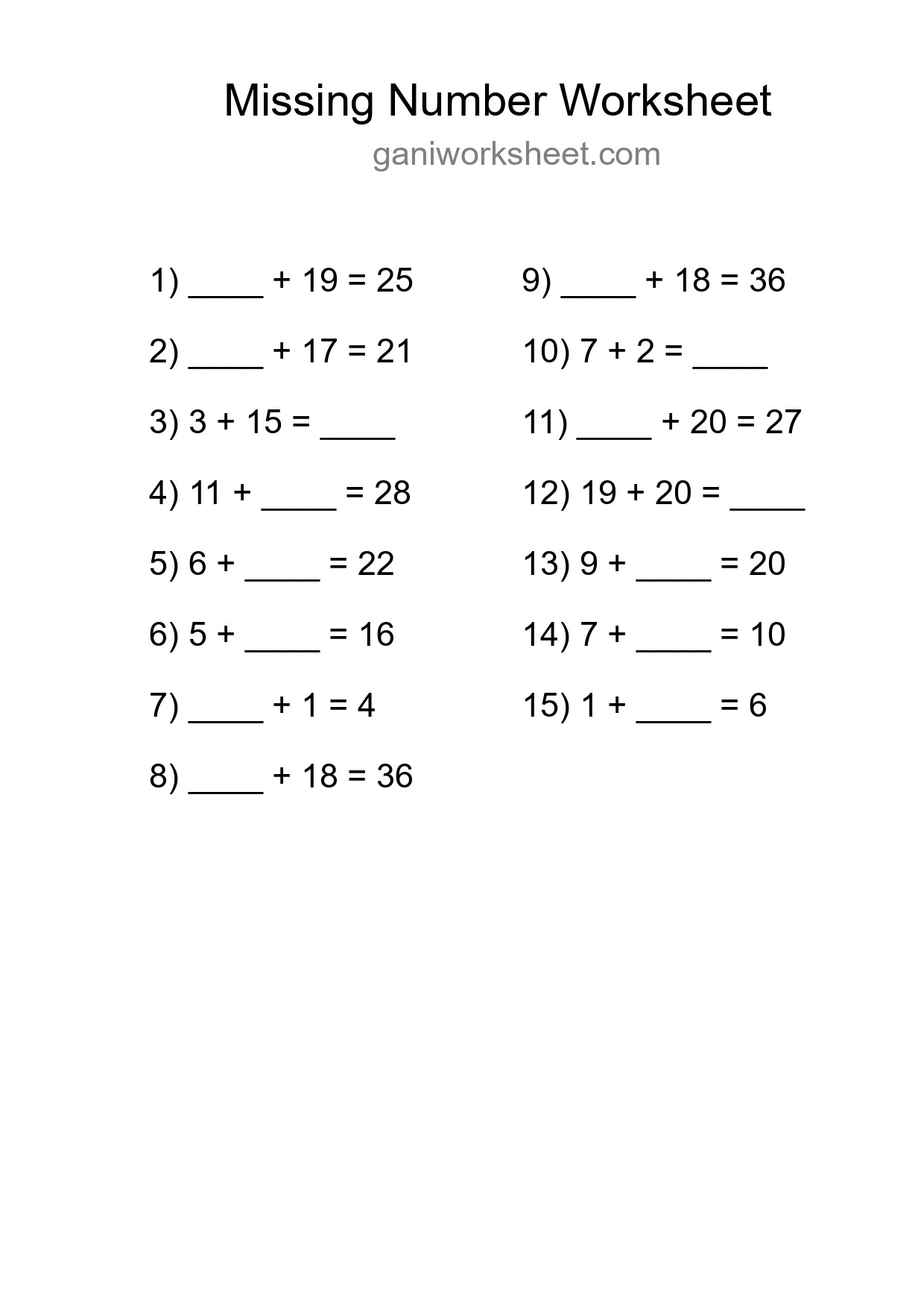 Missing Number Math Worksheet