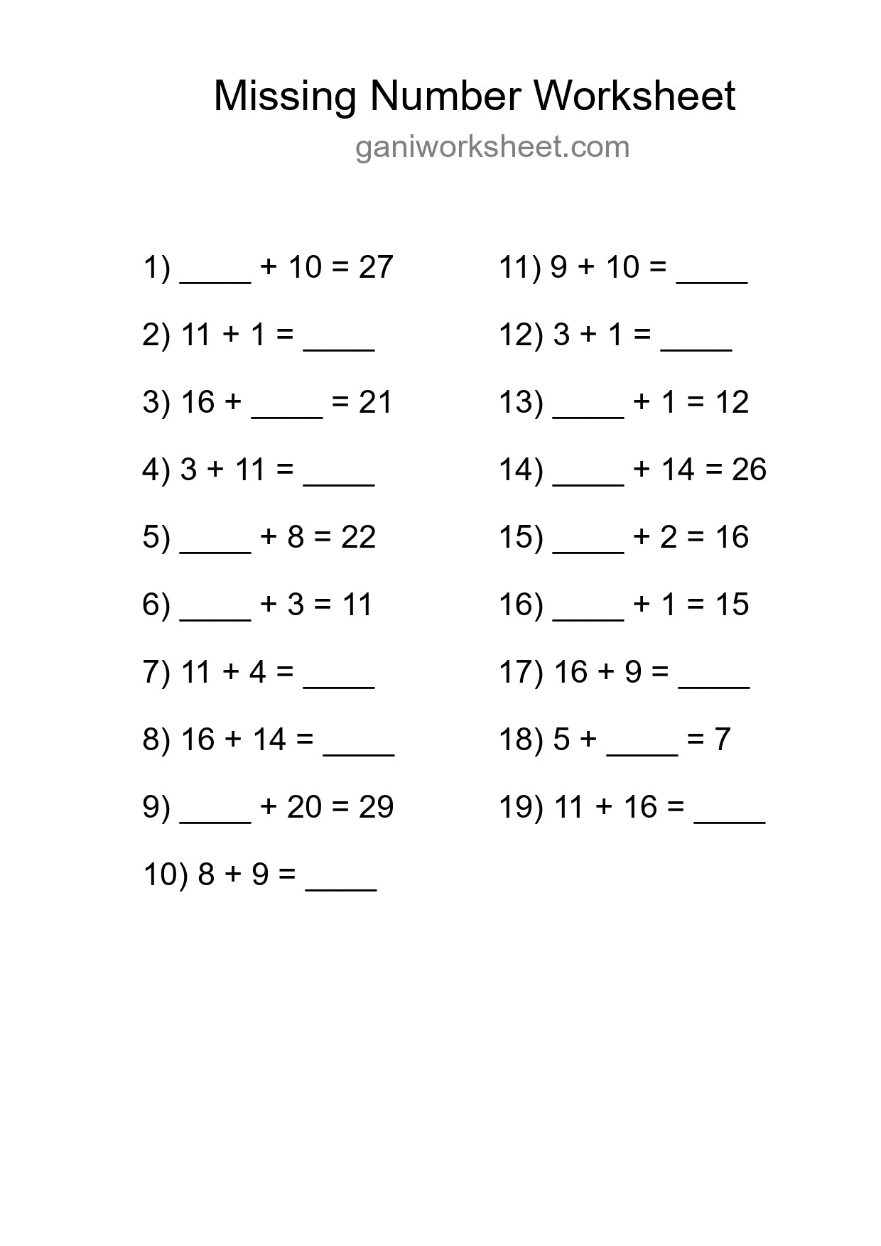 Missing Number Math Worksheet