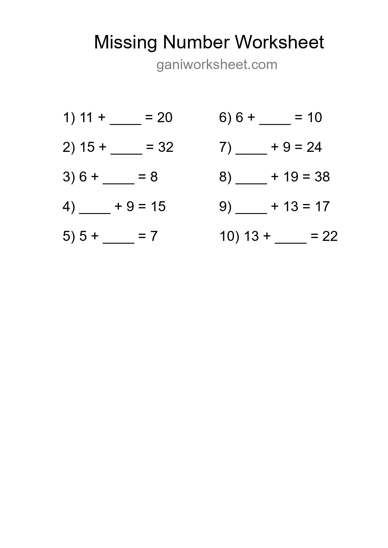 Missing Number Math Worksheet