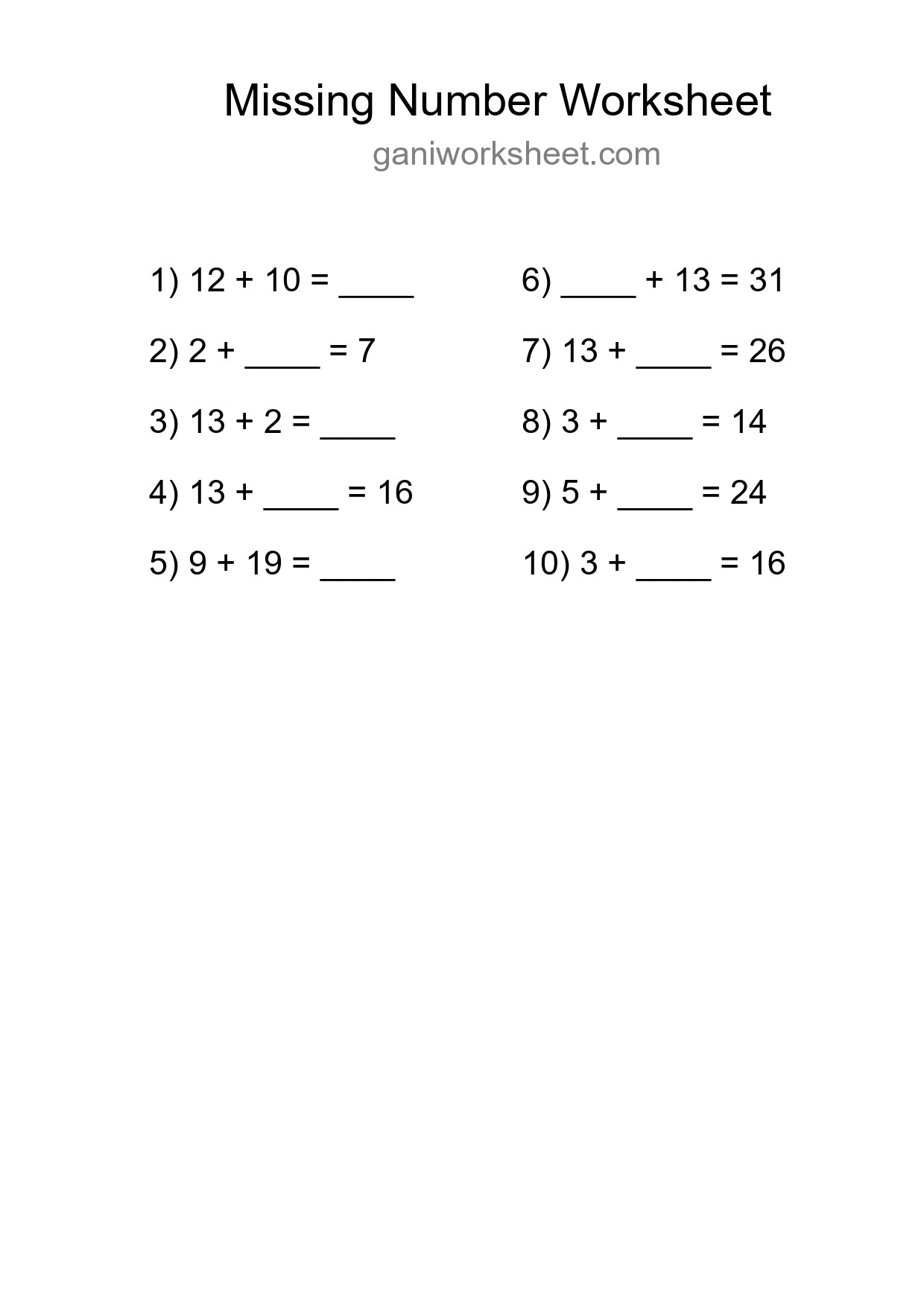 Missing Number Math Worksheet
