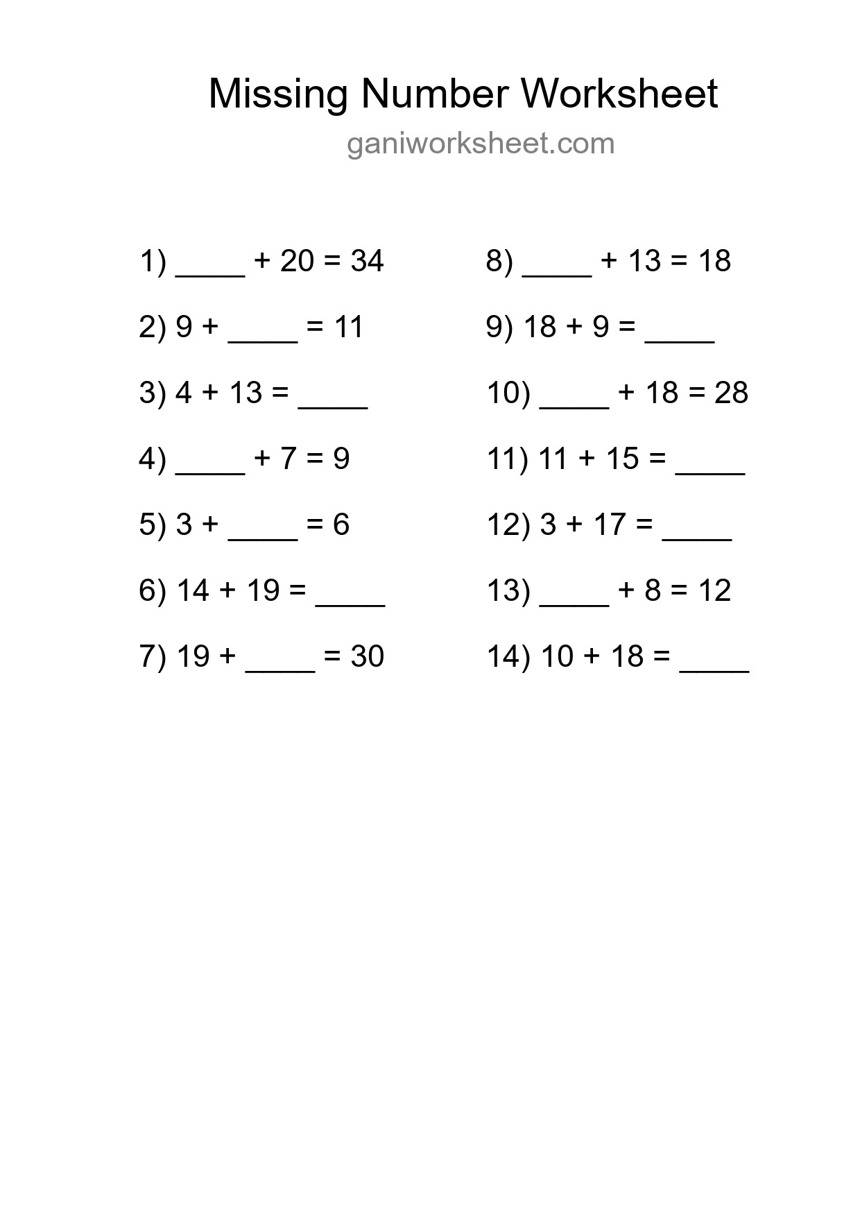 Missing Number Math Worksheet