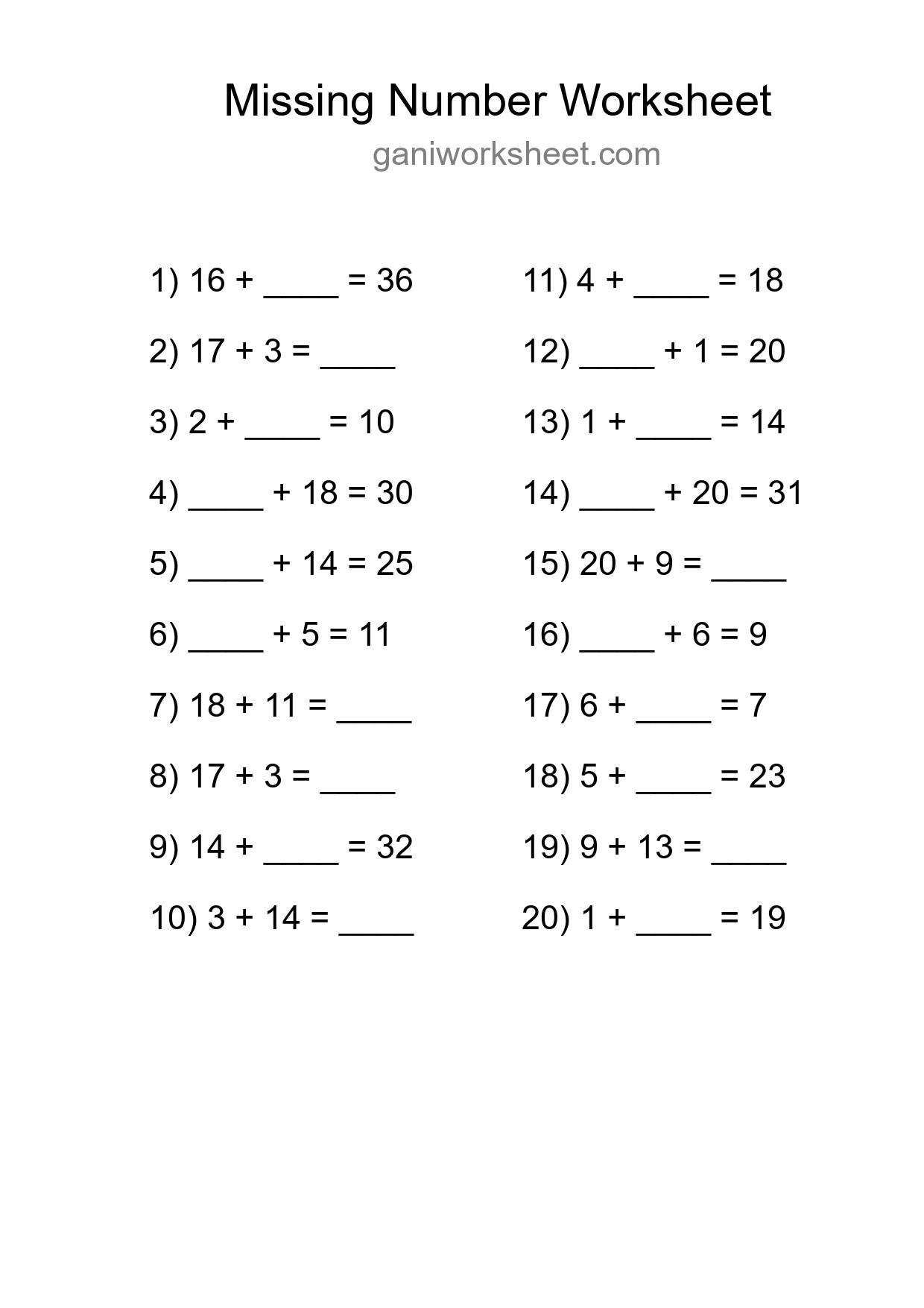 Missing Number Math Worksheet