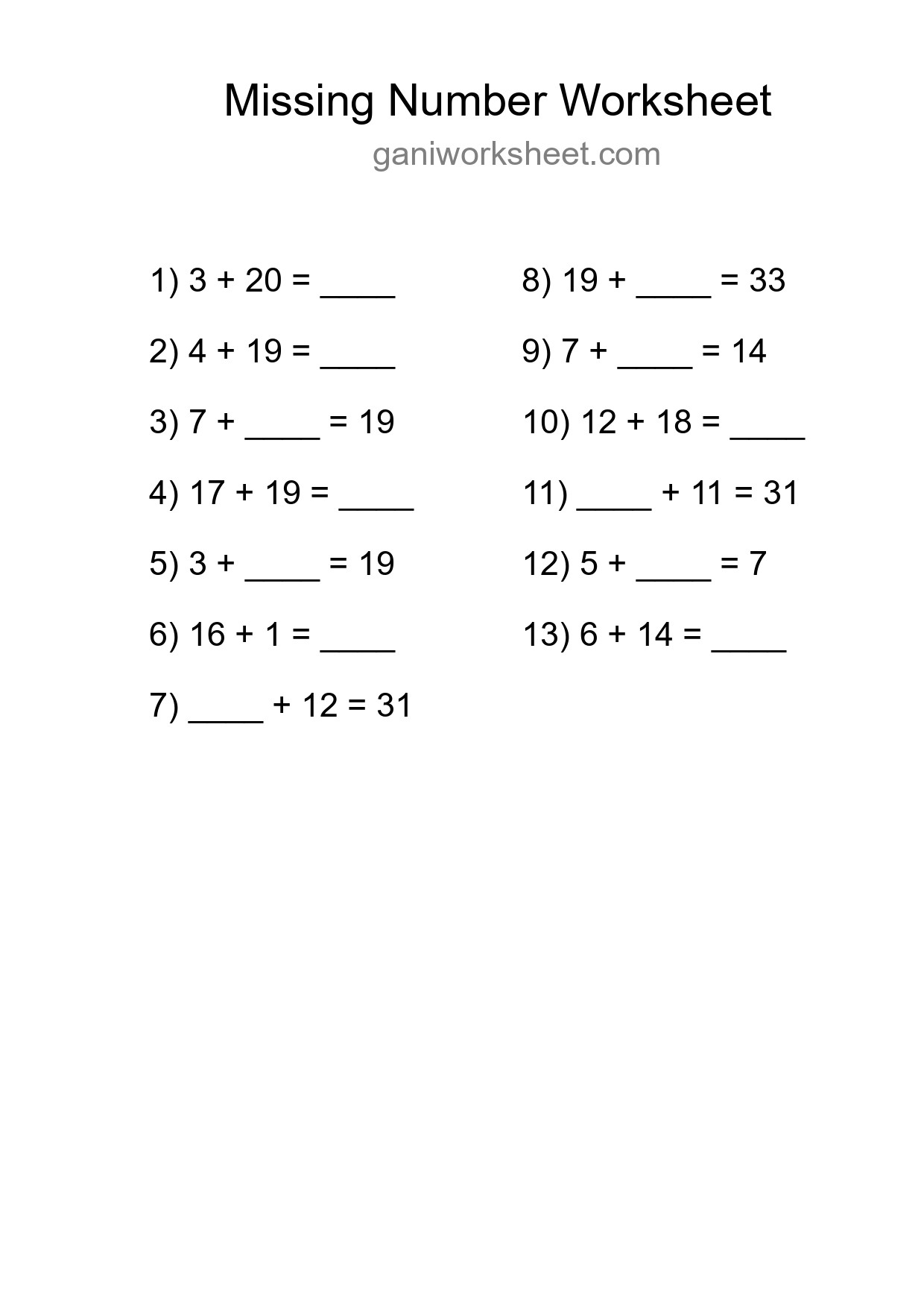 Missing Number Math Worksheet