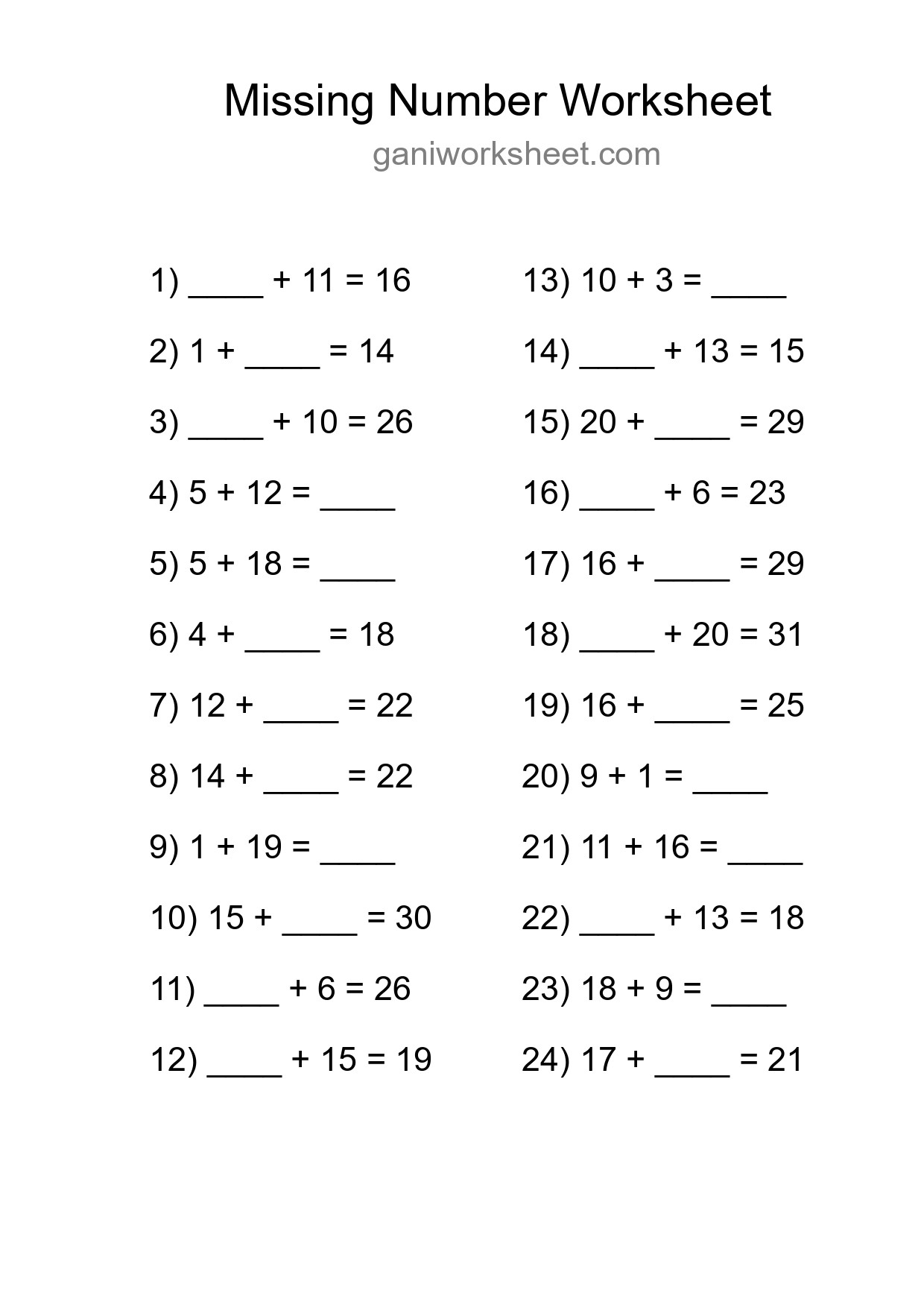 Missing Number Math Worksheet