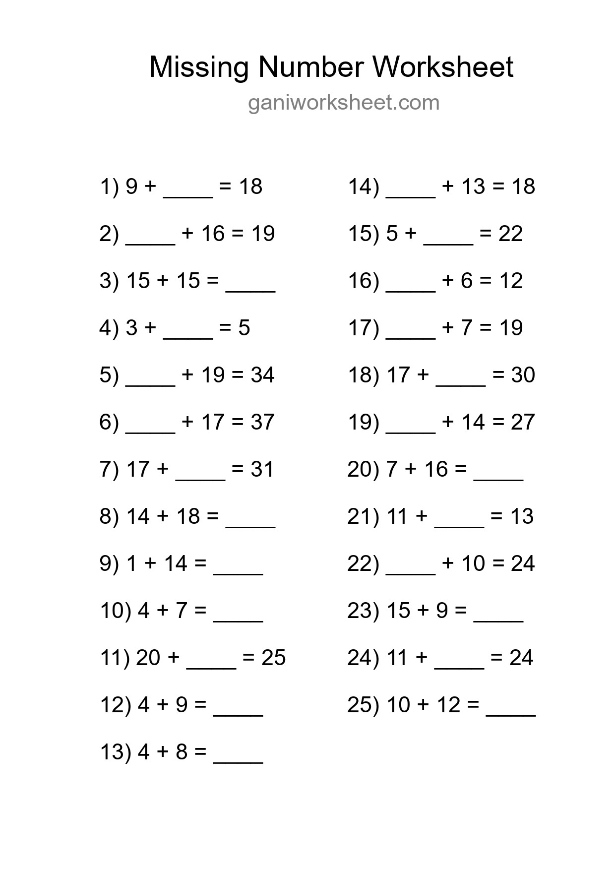 Missing Number Math Worksheet