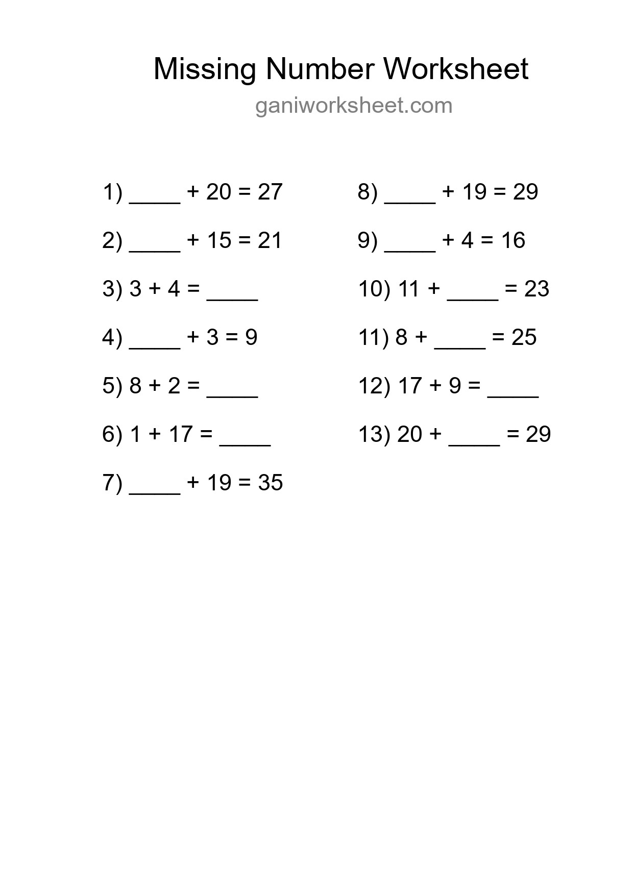 Missing Number Math Worksheet