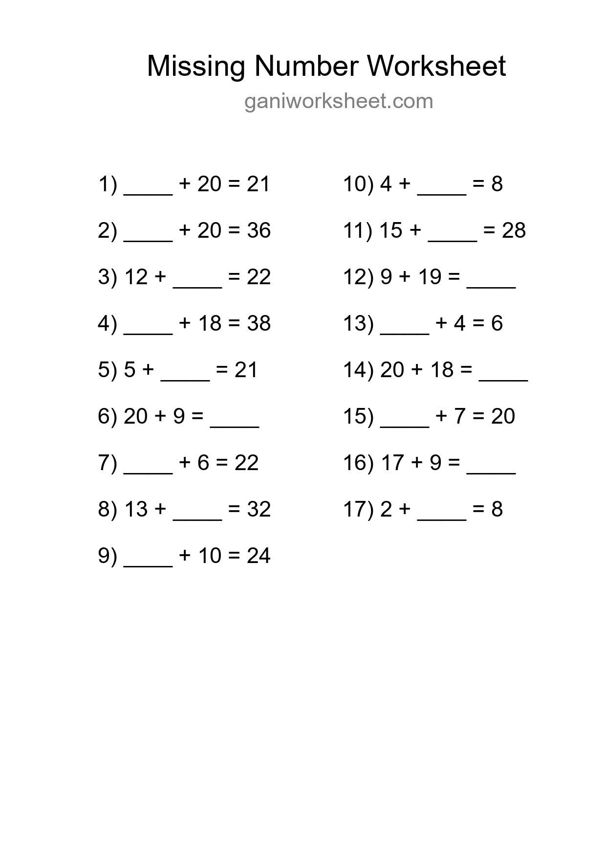 Missing Number Math Worksheet
