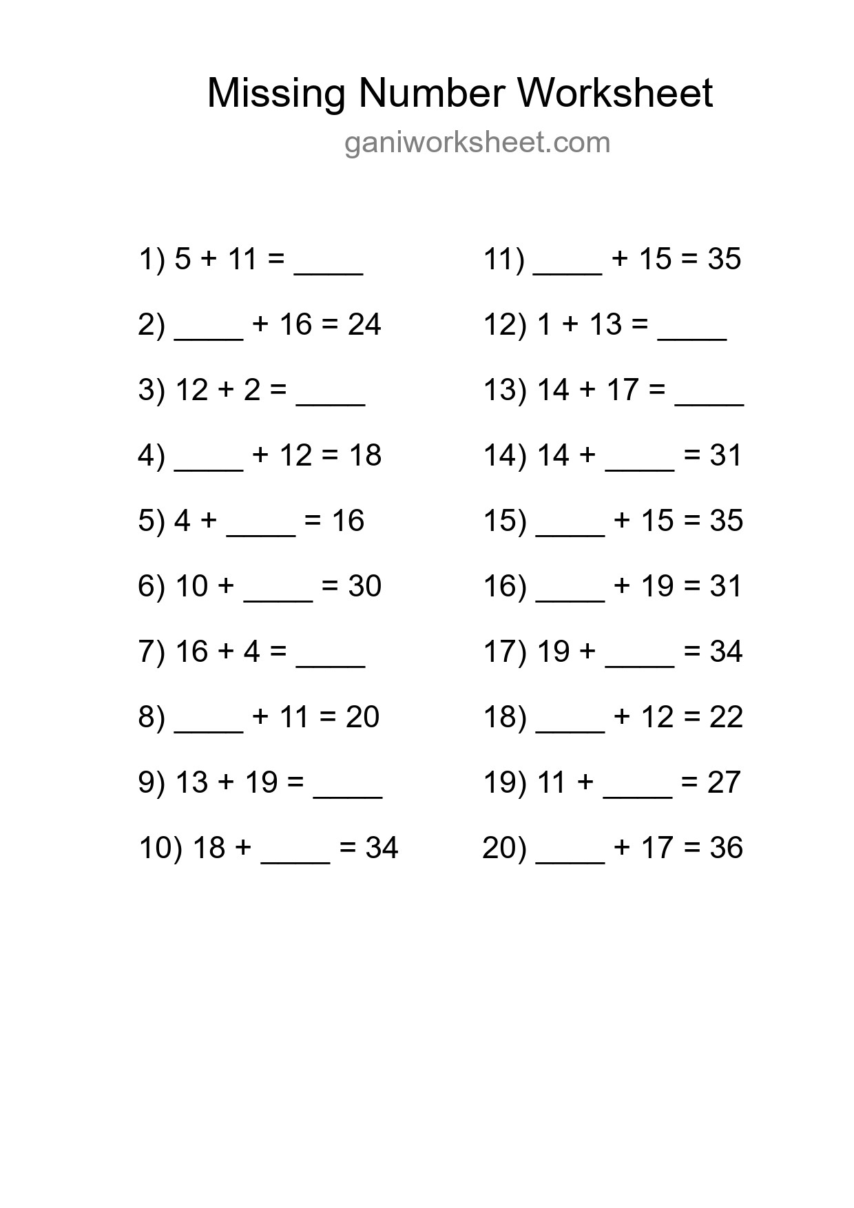 Missing Number Math Worksheet