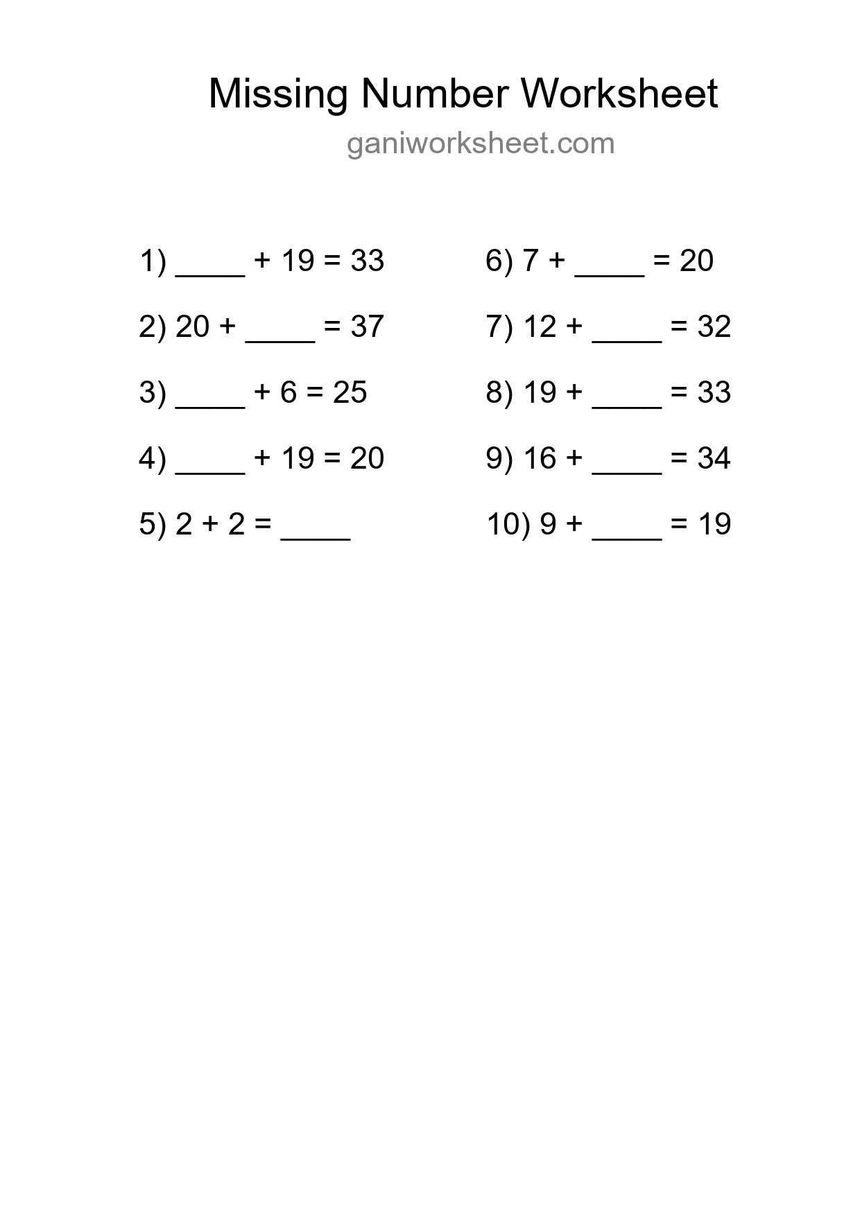 Missing Number Math Worksheet