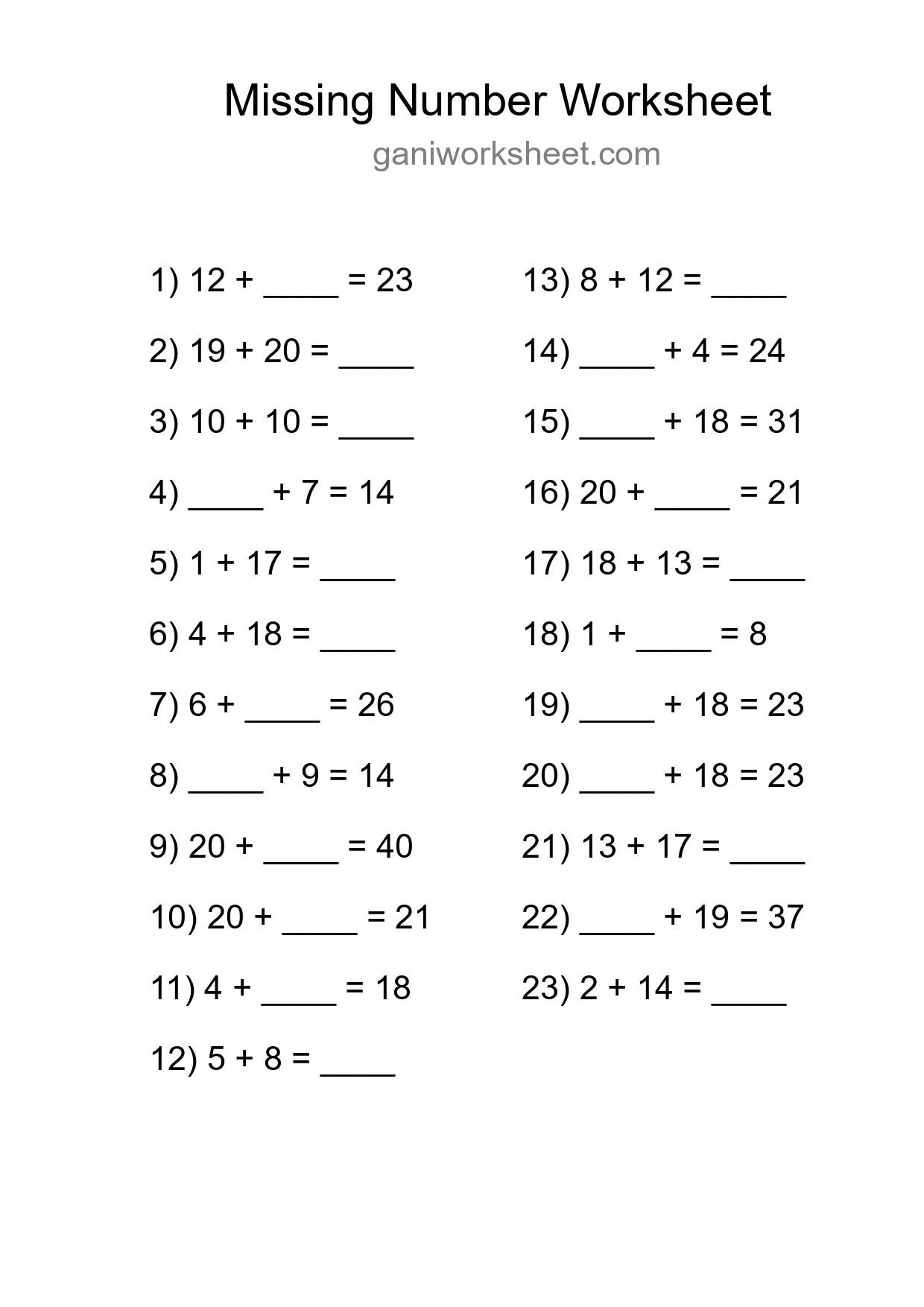 Missing Number Math Worksheet