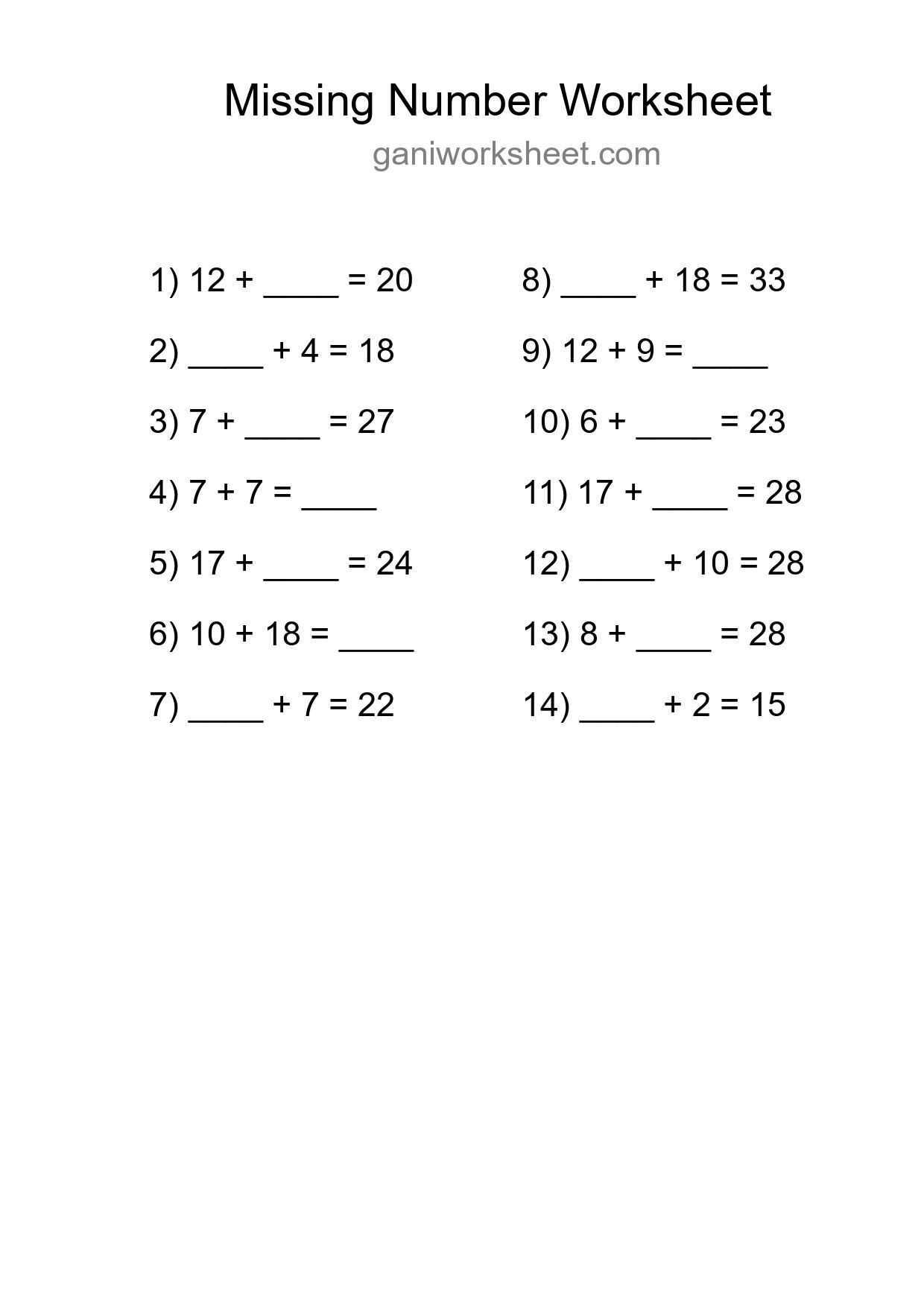Missing Number Math Worksheet
