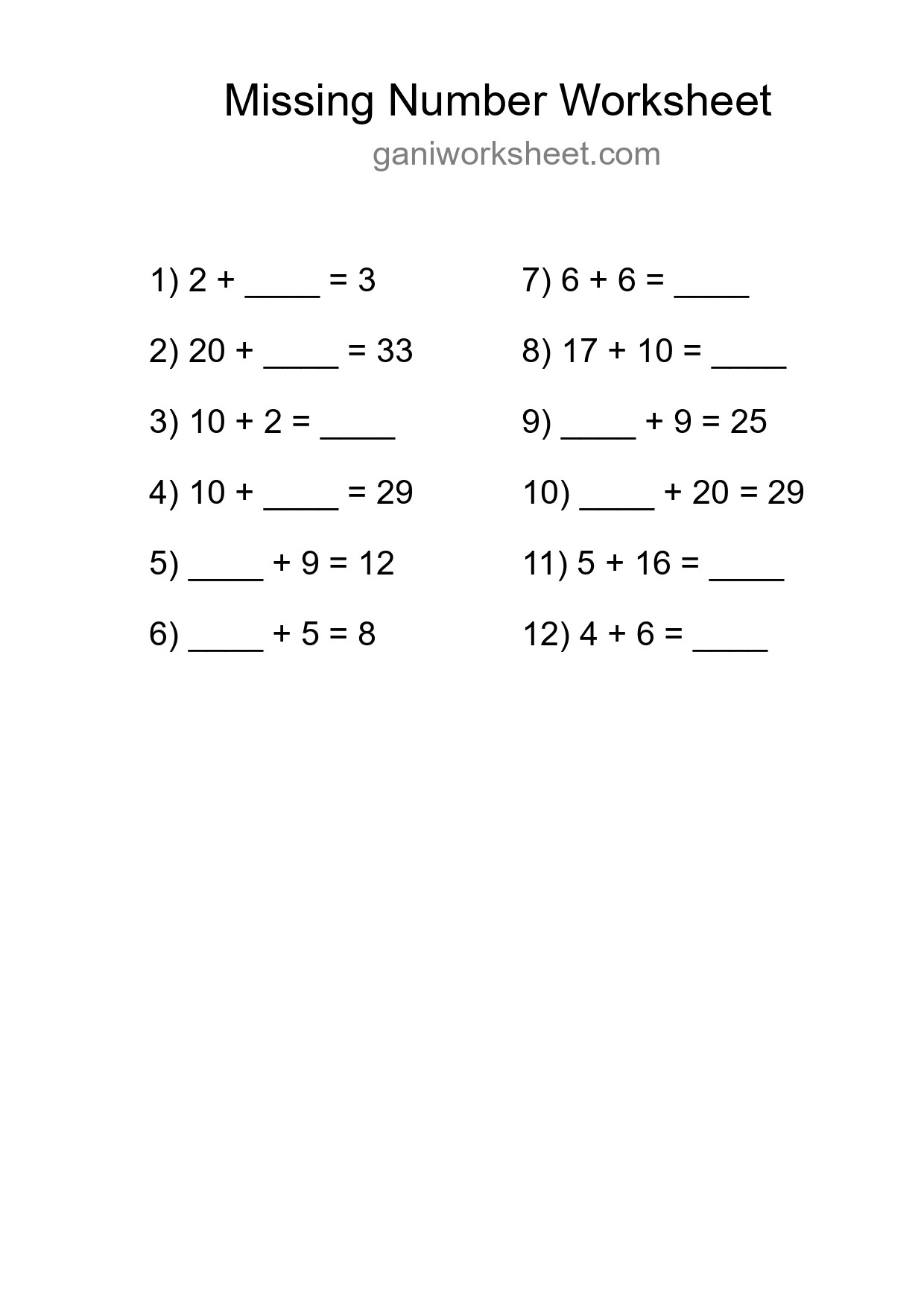 Missing Number Math Worksheet