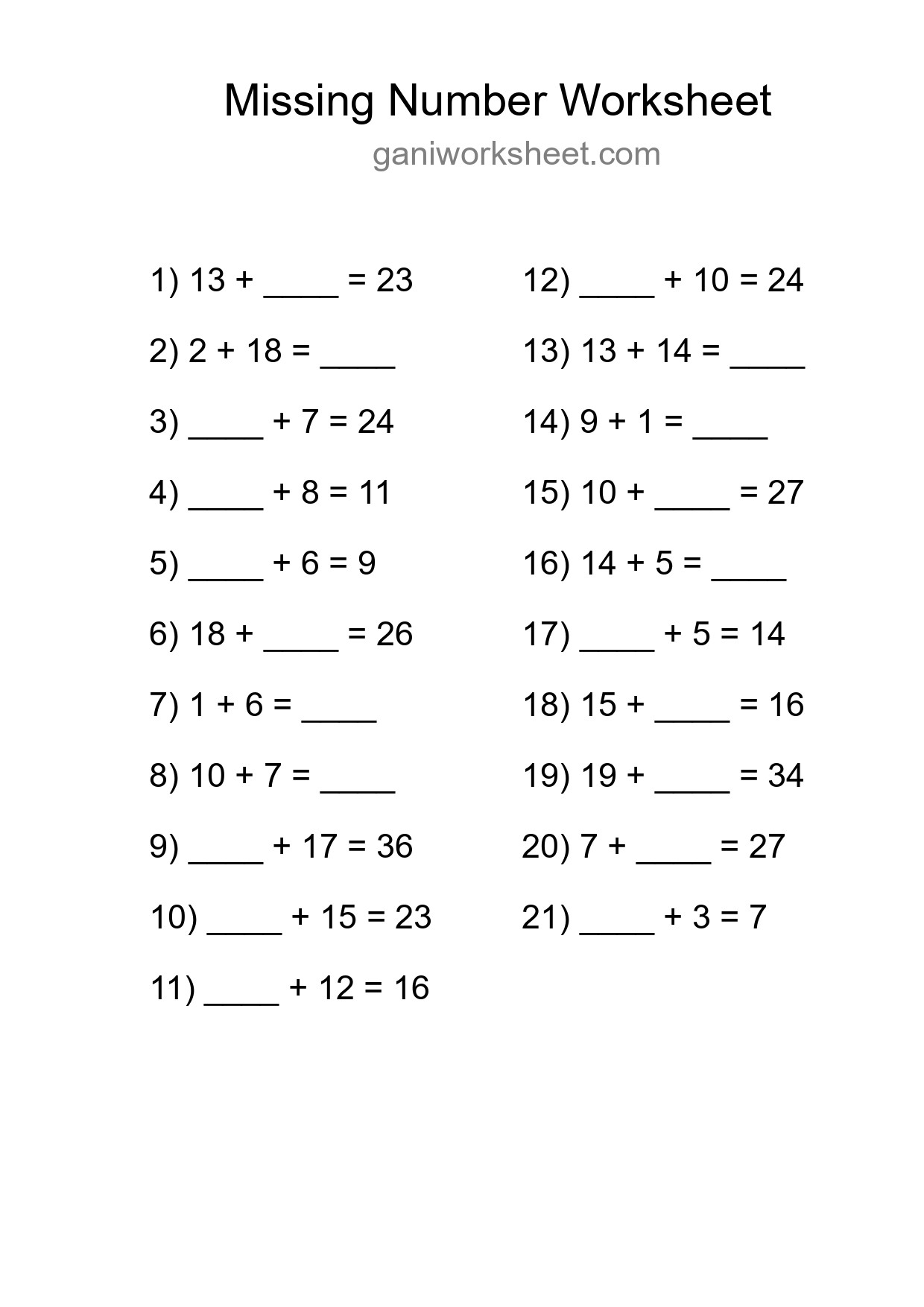 Missing Number Math Worksheet