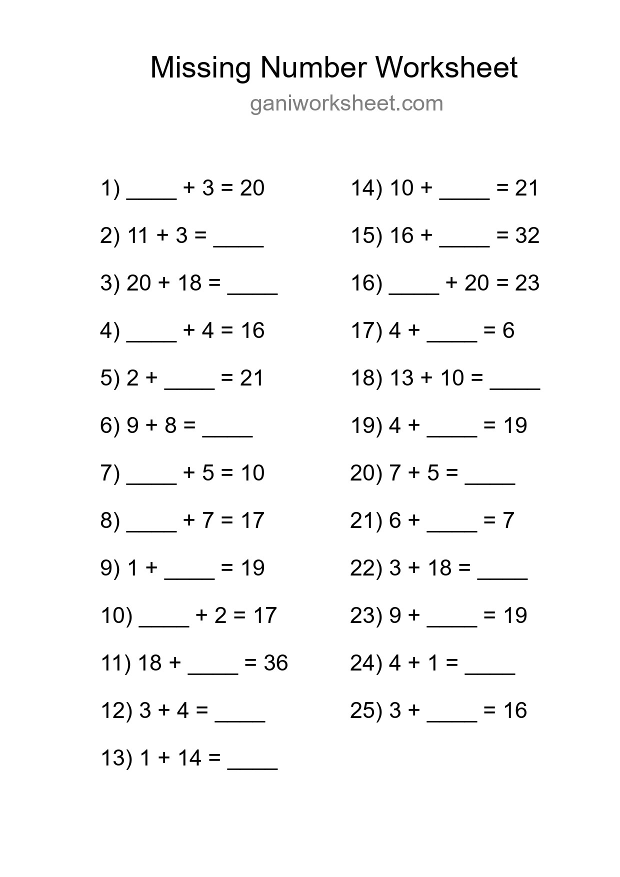 Missing Number Math Worksheet