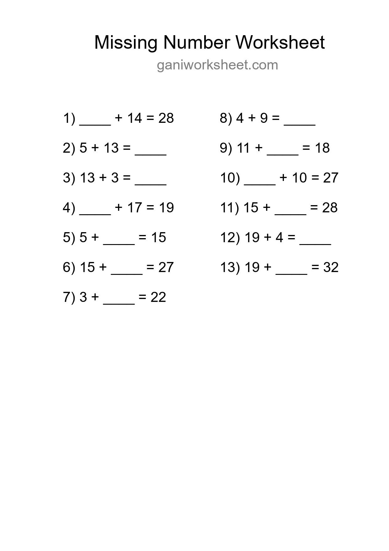 Missing Number Math Worksheet