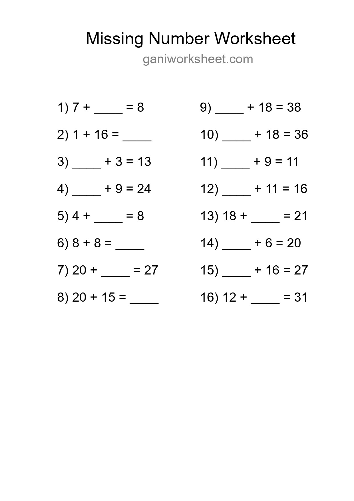 Missing Number Math Worksheet