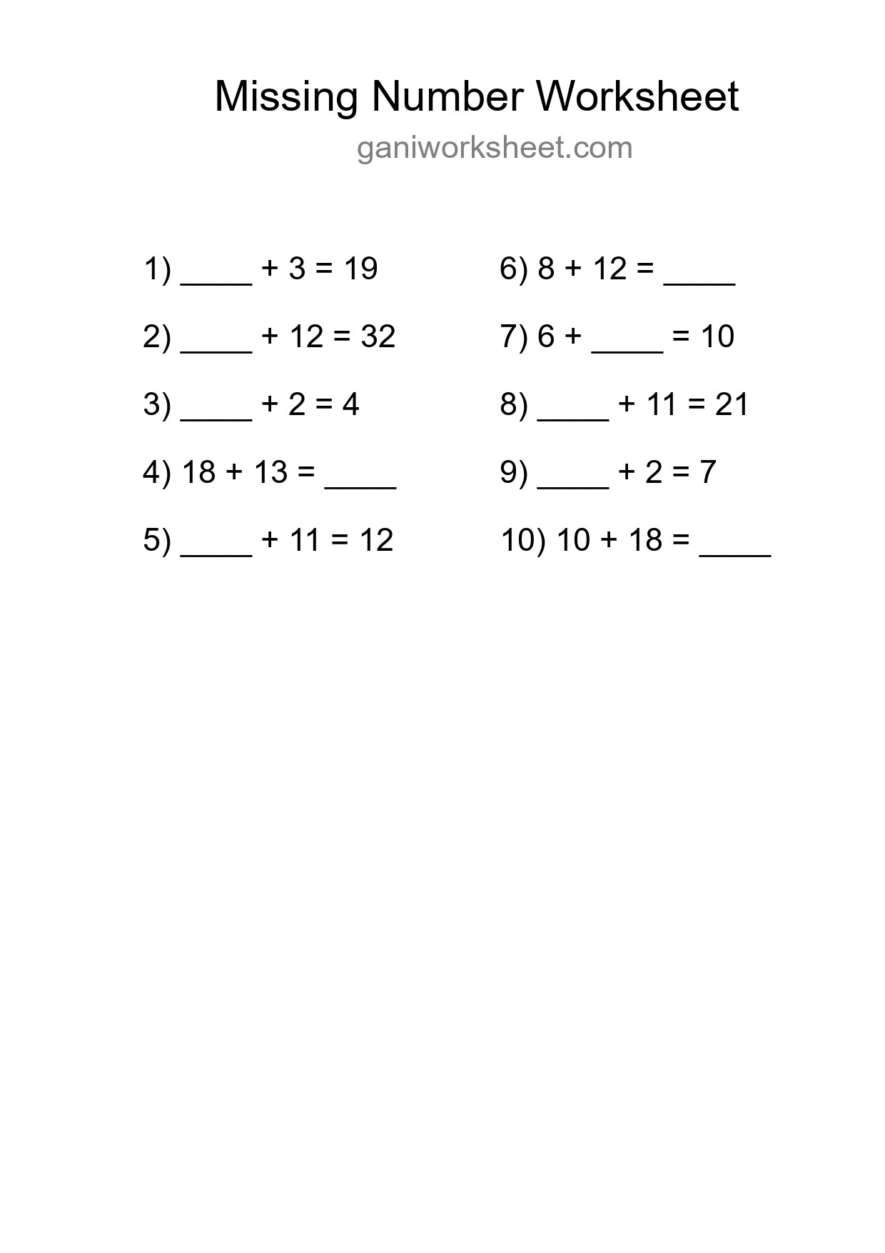 Missing Number Math Worksheet
