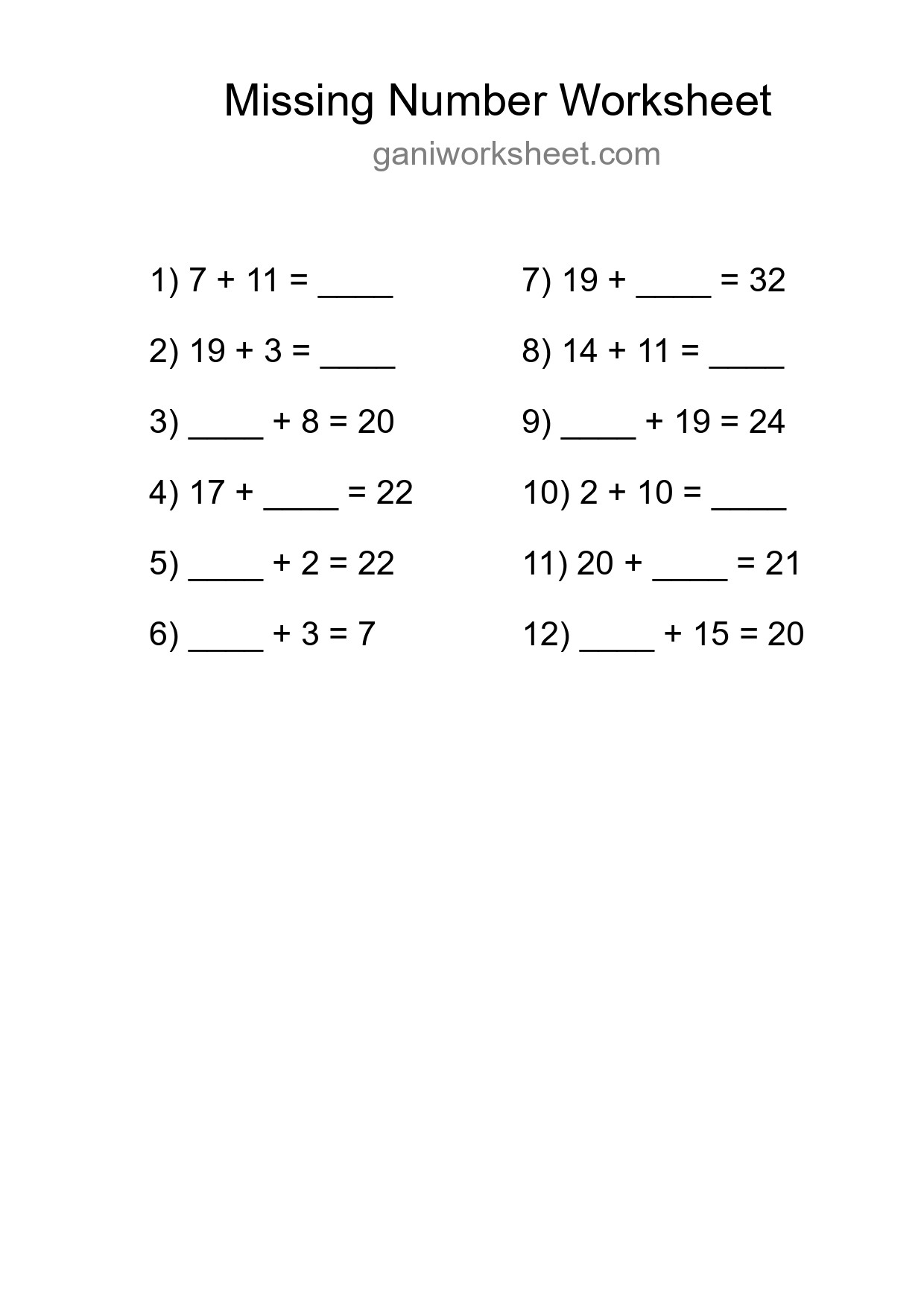 Missing Number Math Worksheet