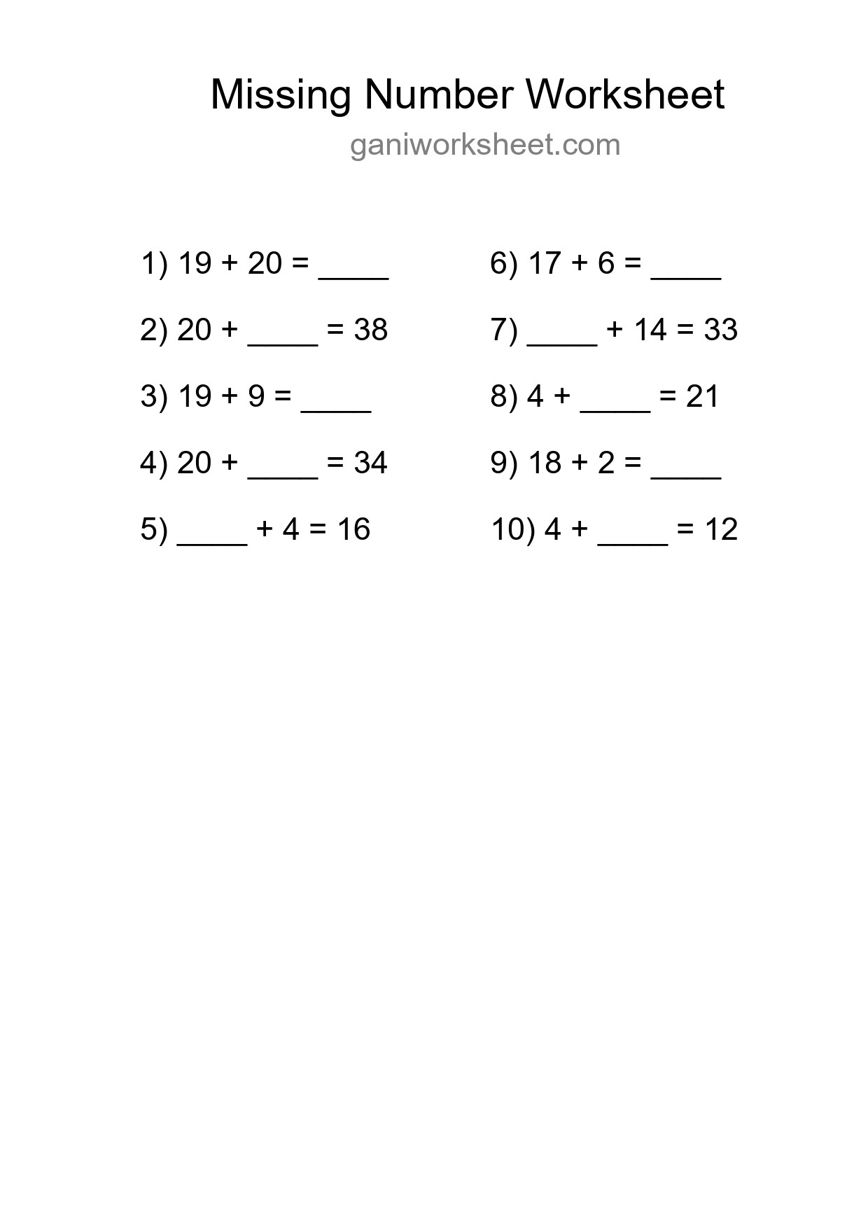 Missing Number Math Worksheet