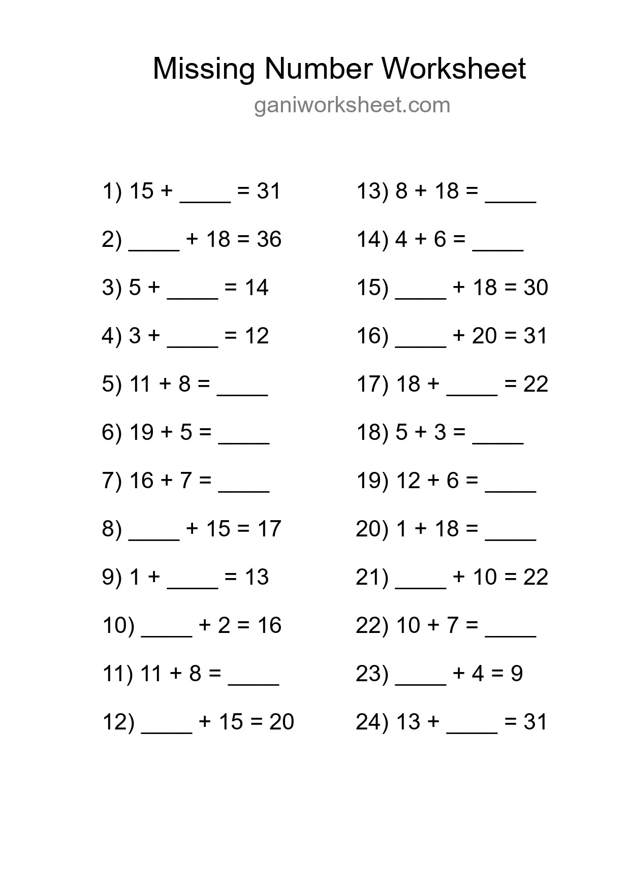 Missing Number Math Worksheet