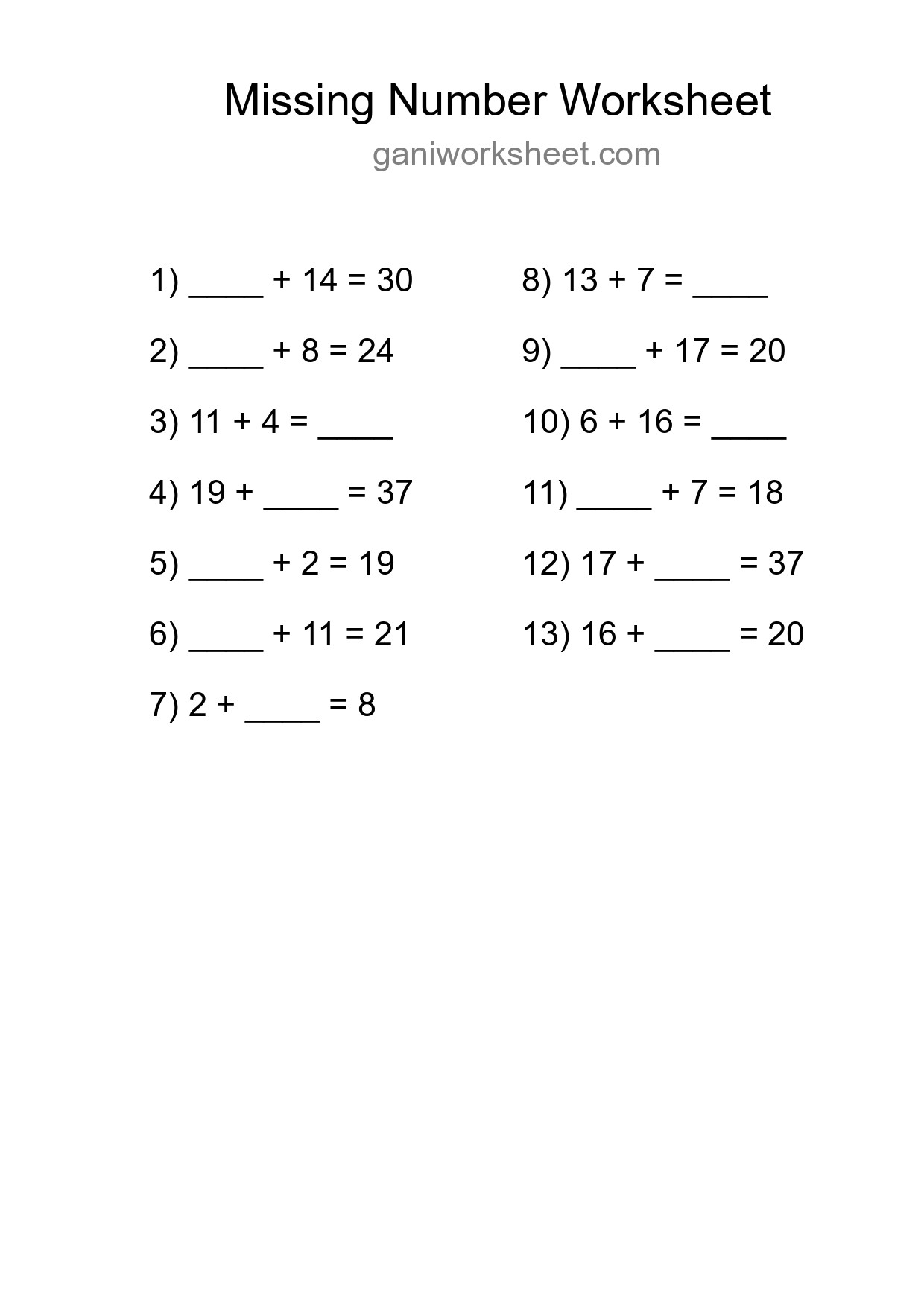 Missing Number Math Worksheet