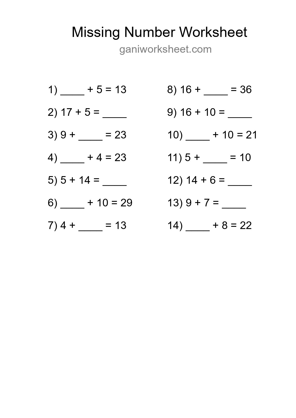 Missing Number Math Worksheet