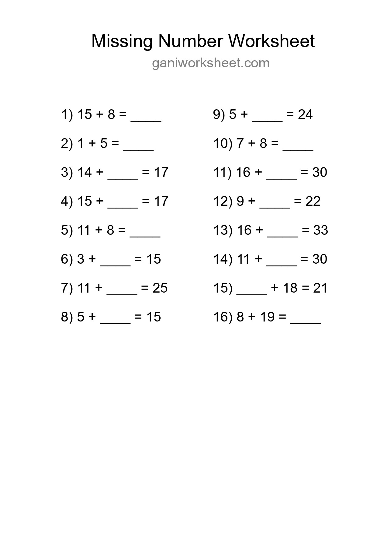 Missing Number Math Worksheet