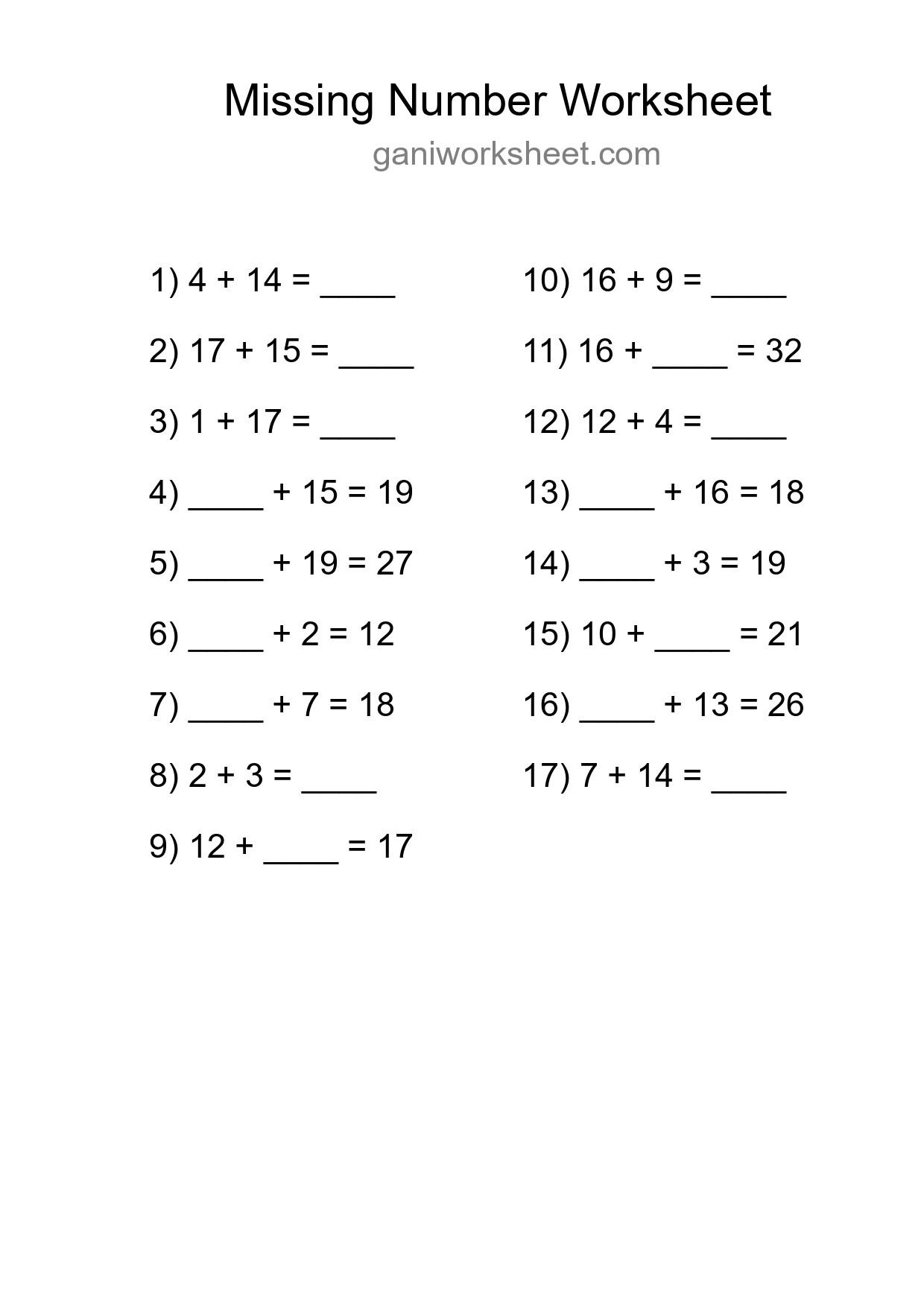 Missing Number Math Worksheet