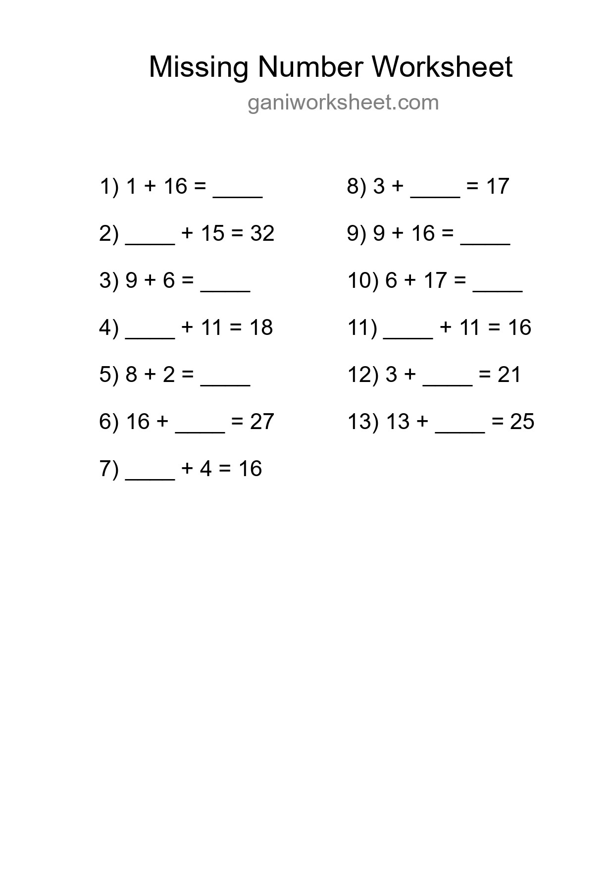 Missing Number Math Worksheet