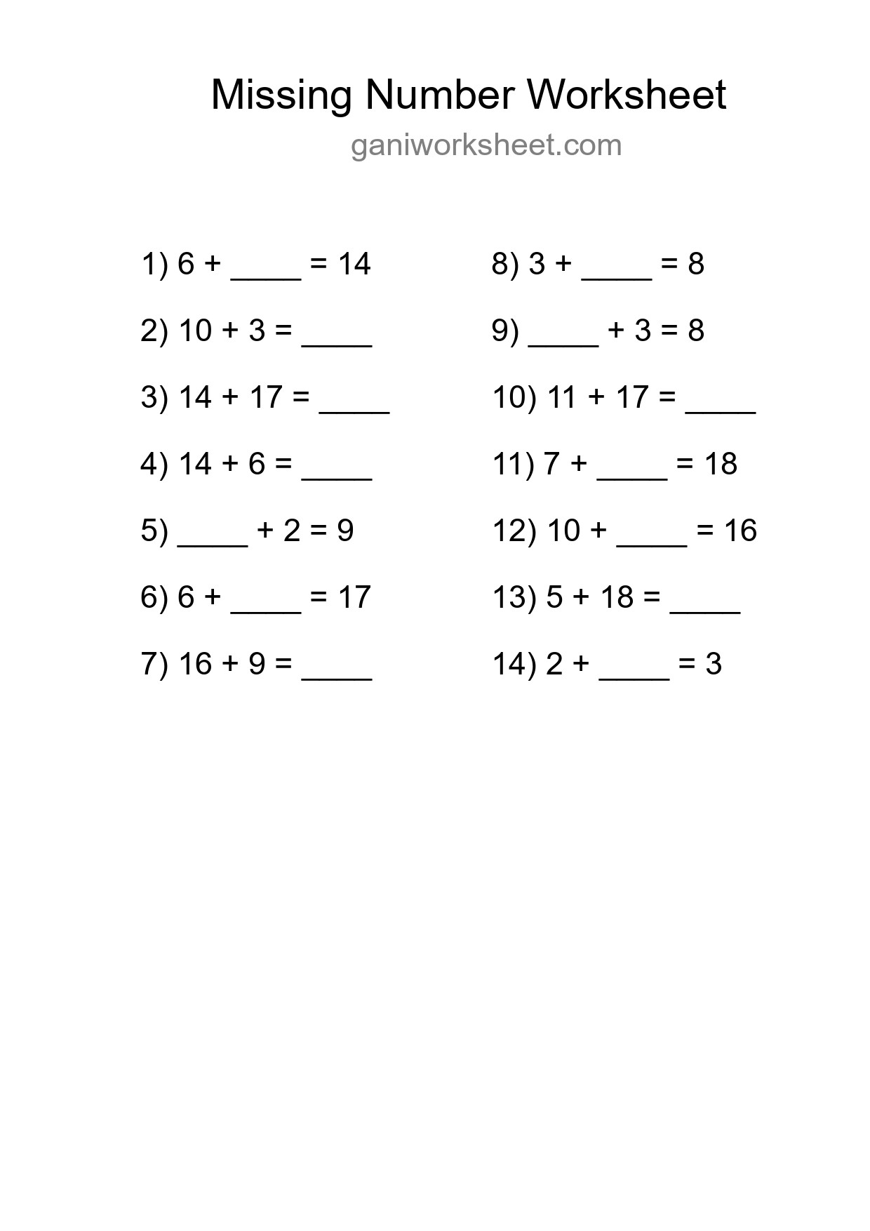 Missing Number Math Worksheet