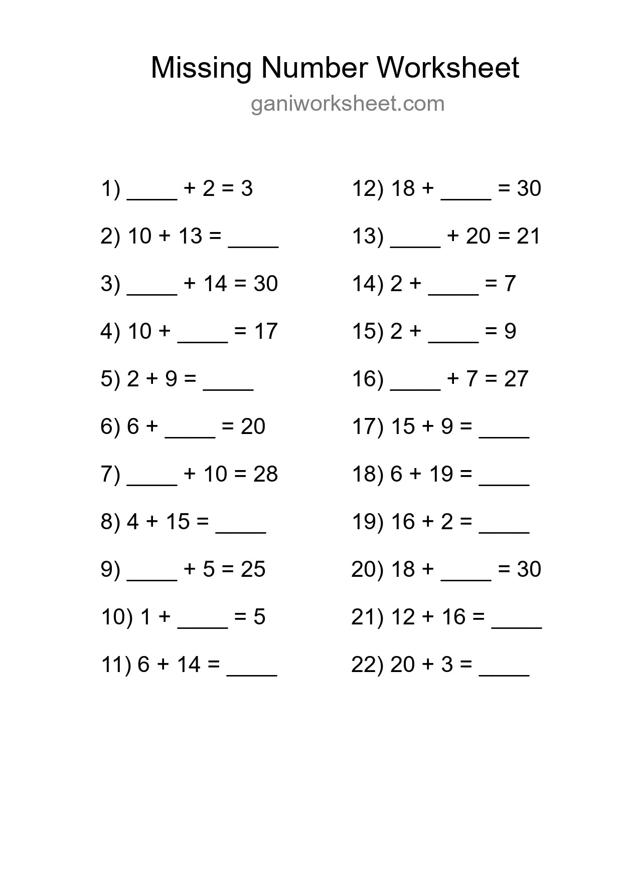 Missing Number Math Worksheet