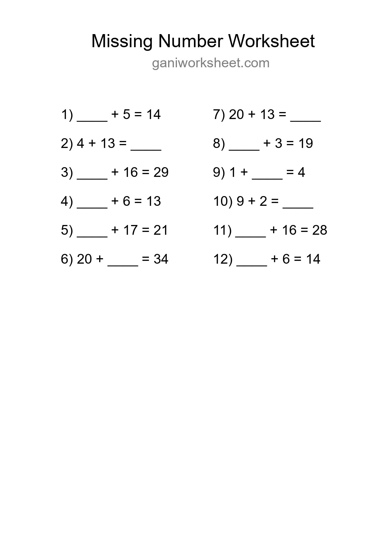 Missing Number Math Worksheet