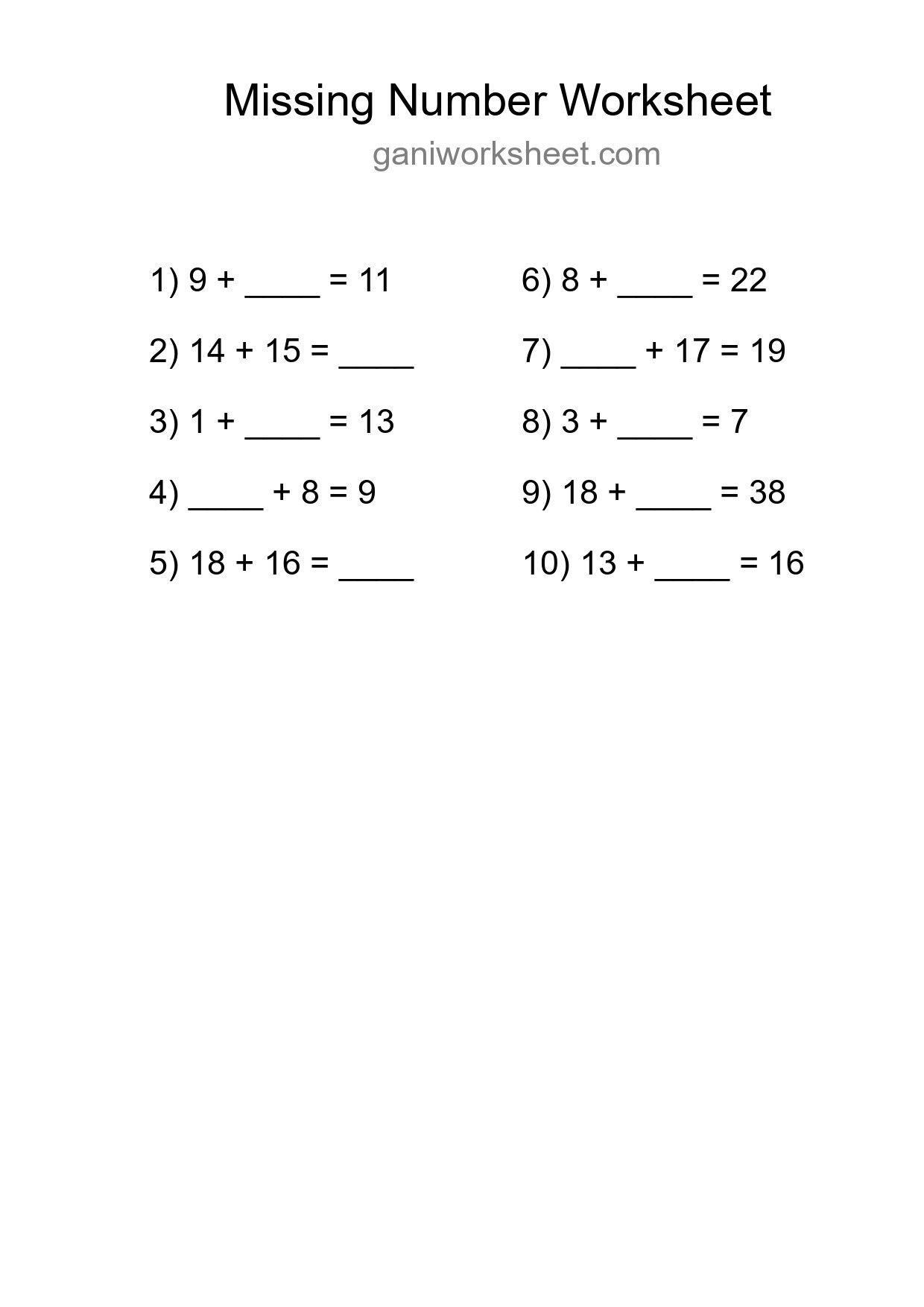 Missing Number Math Worksheet