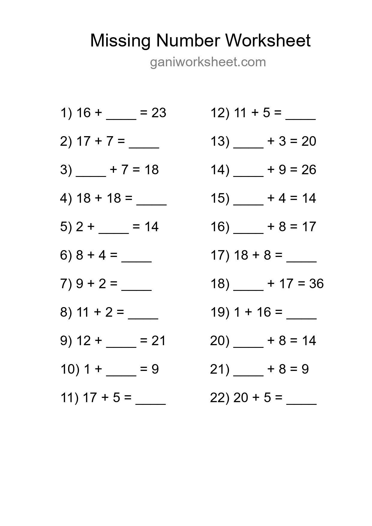 Missing Number Math Worksheet