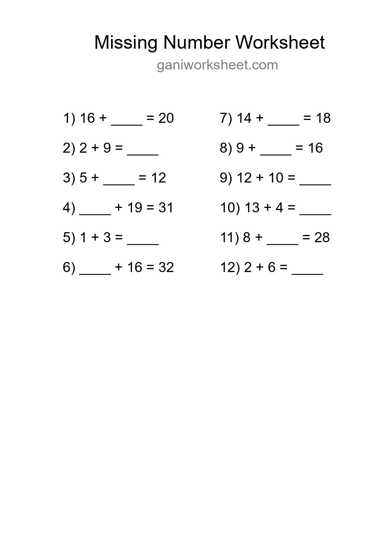 Missing Number Math Worksheet