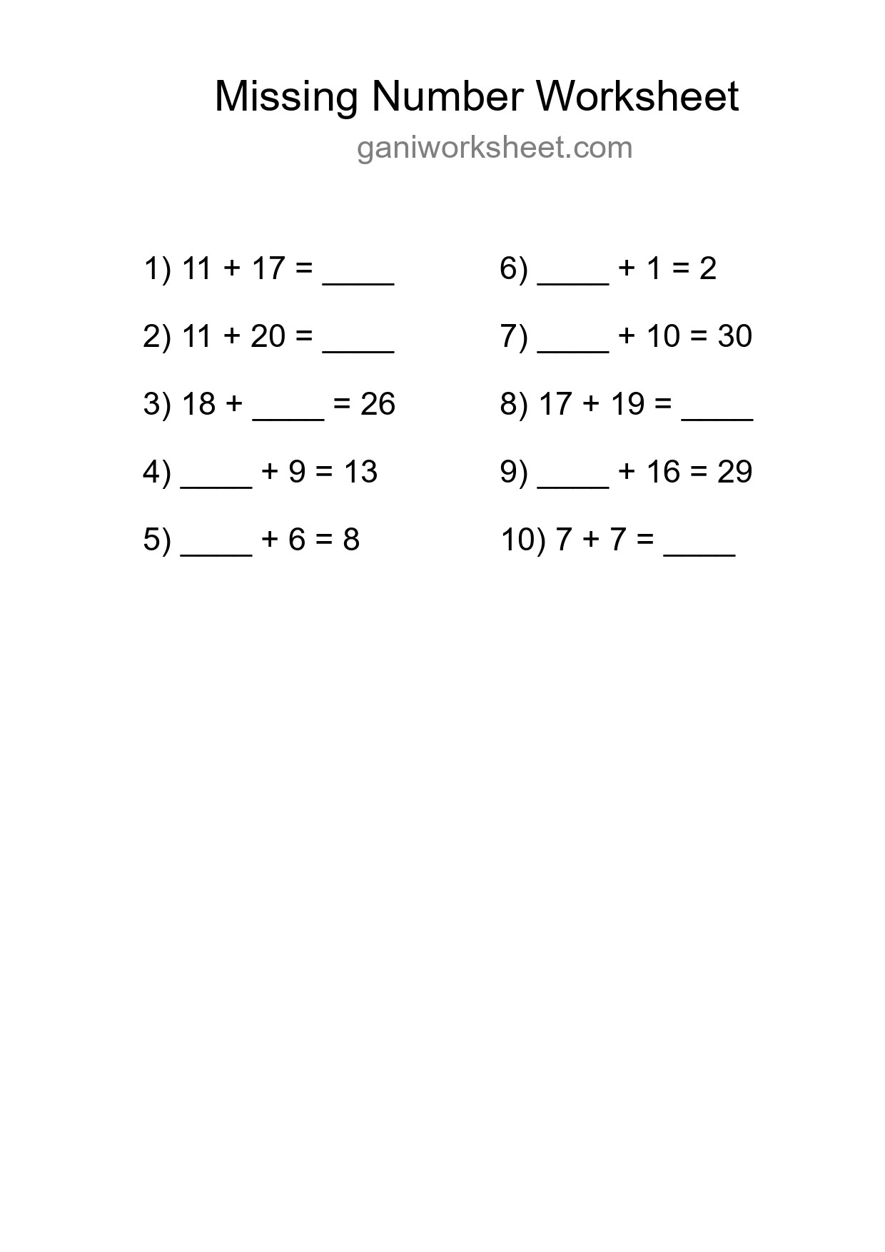 Missing Number Math Worksheet