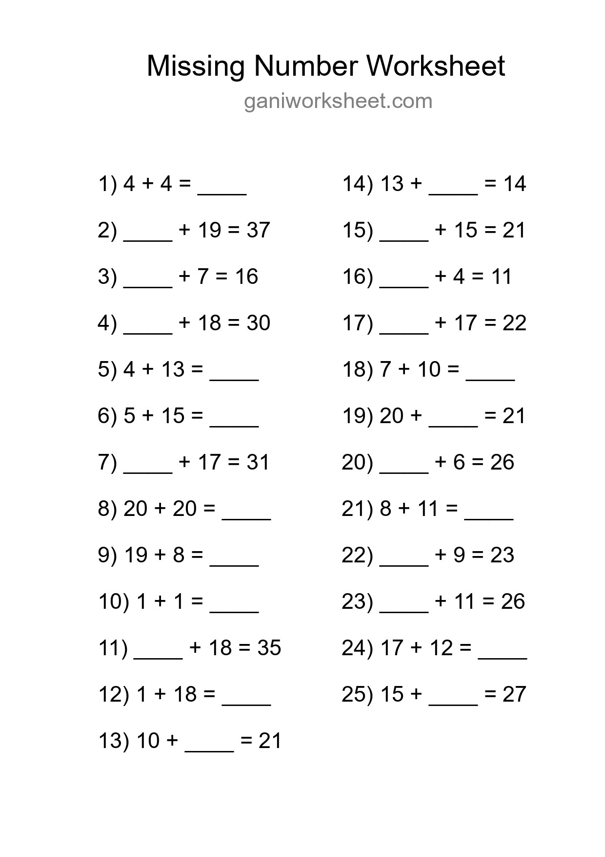 Missing Number Math Worksheet
