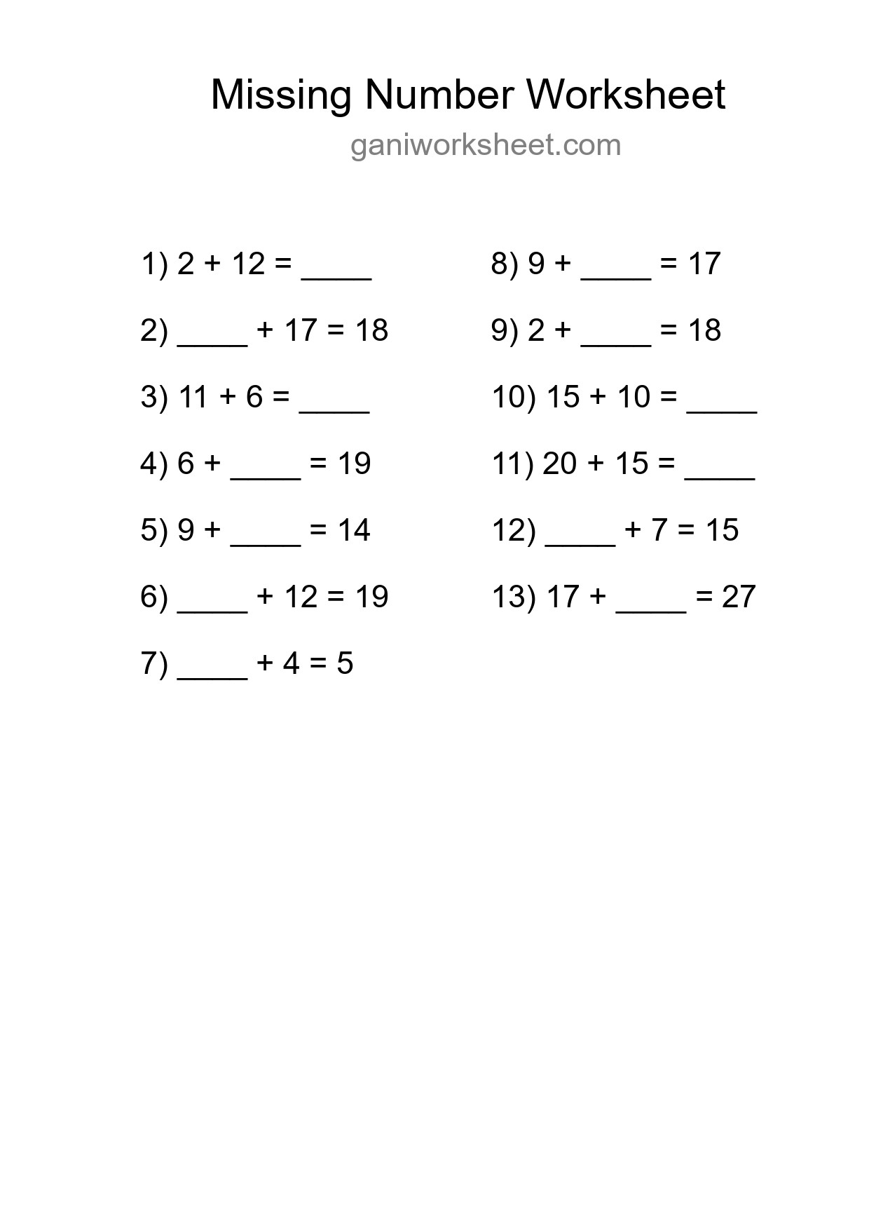 Missing Number Math Worksheet