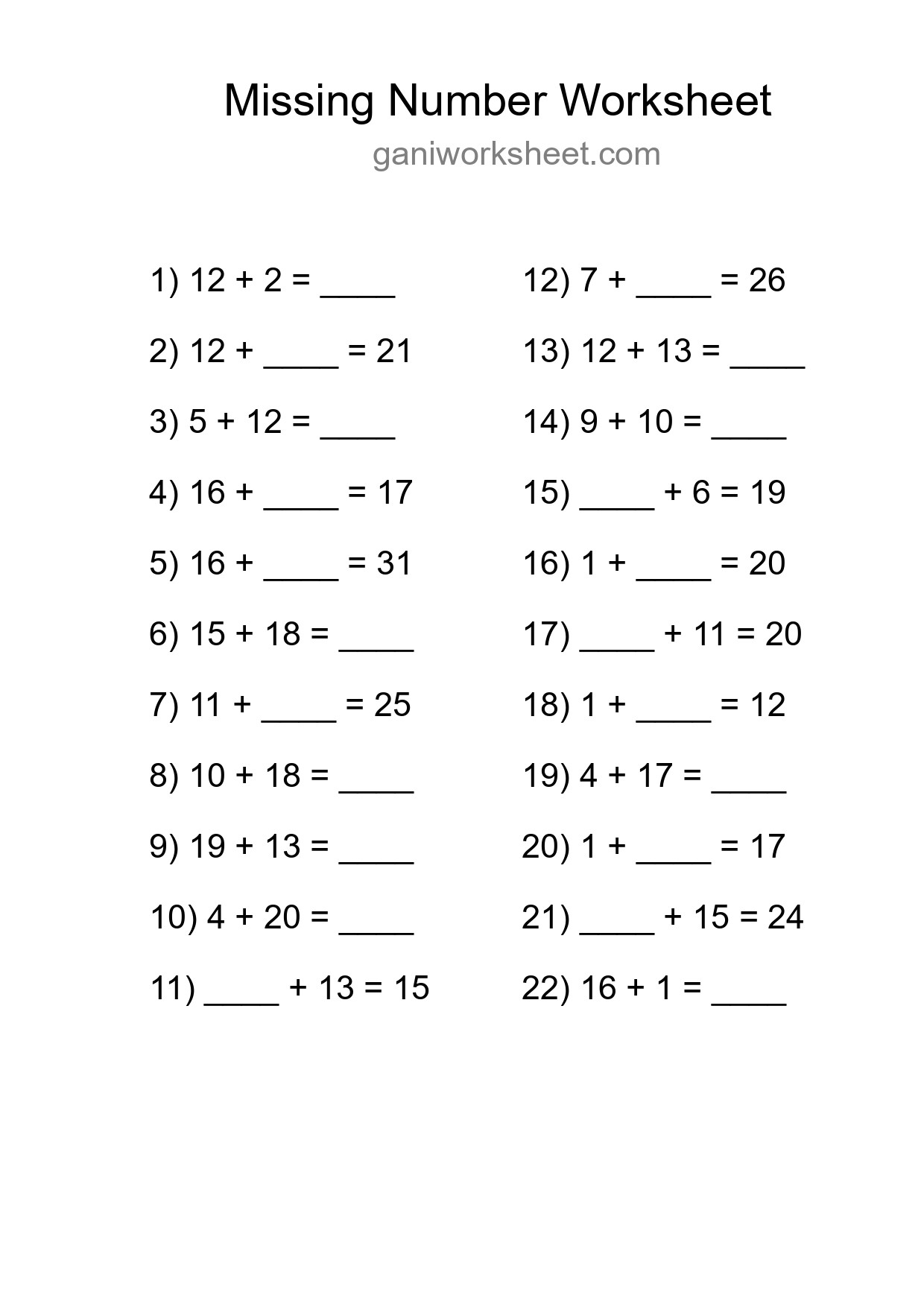 Missing Number Math Worksheet