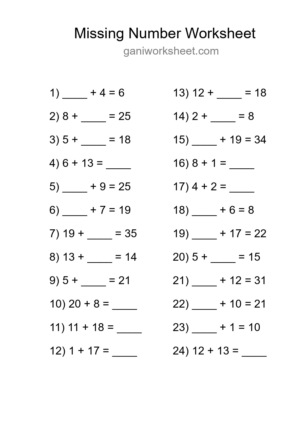 Missing Number Math Worksheet