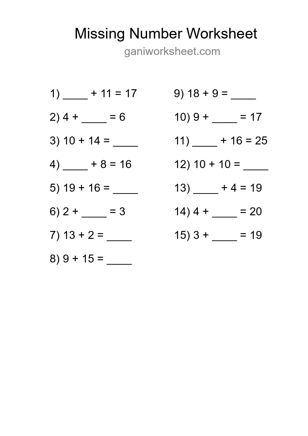Missing Number Math Worksheet