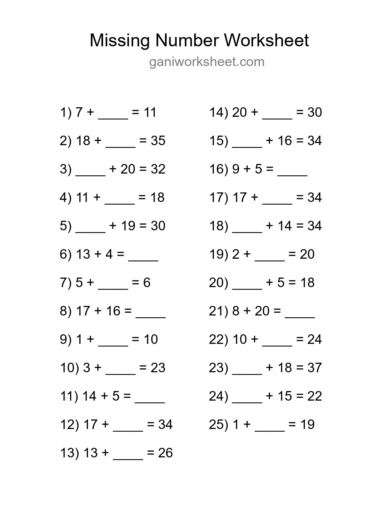 Missing Number Math Worksheet